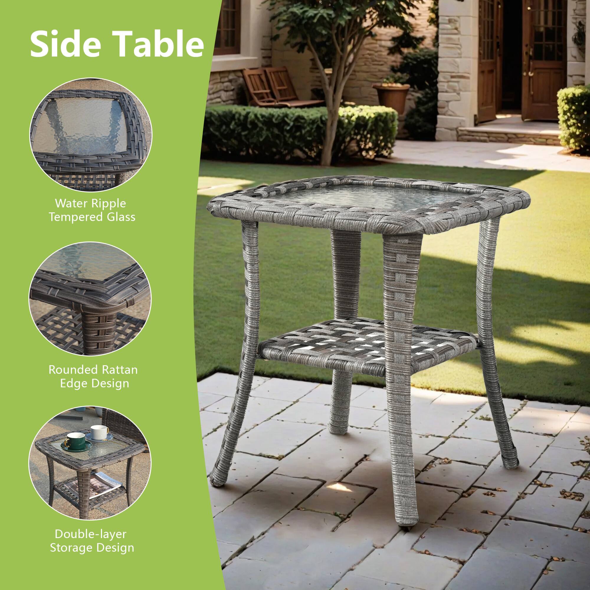 Side Table

- Water Ripple Tempered Glass
- Rounded Rattan Edge Design
- Double-layer Storage Design