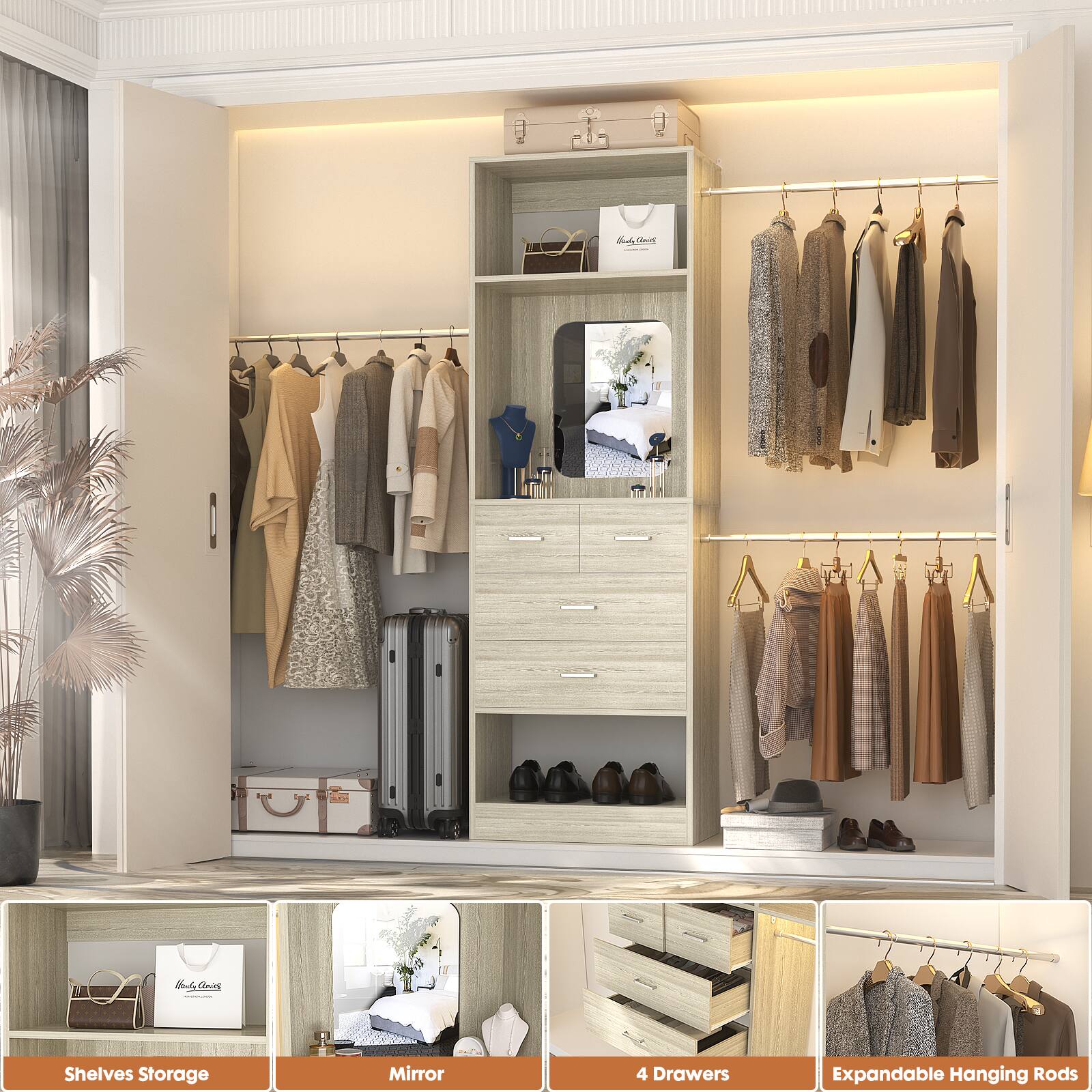 A non-BaGini Shelves Storage Mirror 4 Drawers Expandable Hanging Rods