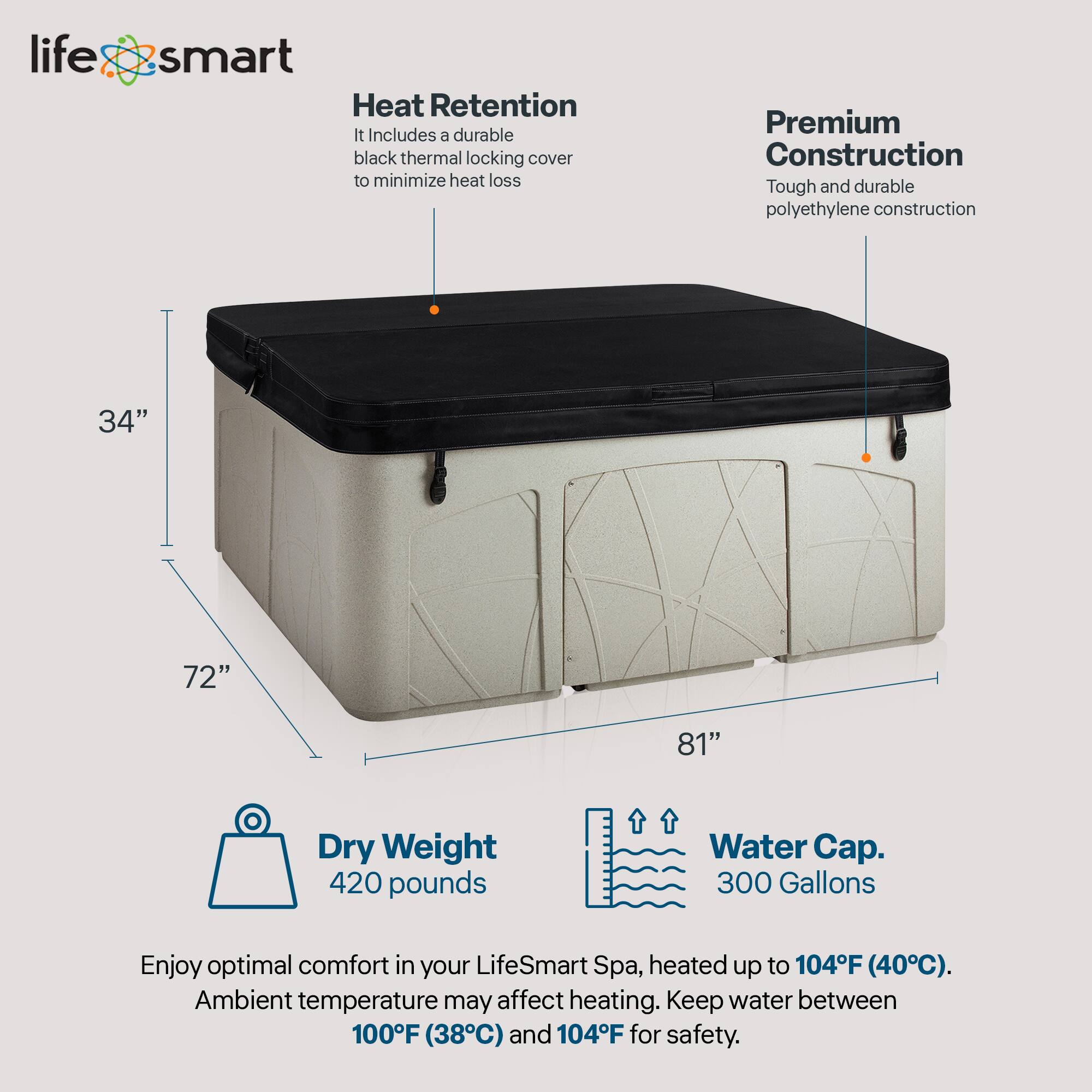 LifeSmart Heat Retention  
- It includes a durable black thermal locking cover to minimize heat loss  

Premium Construction  
- Tough and durable polyethylene construction  

Dry Weight  
- 420 pounds  

Water Cap.  
- 300 Gallons  

Enjoy optimal comfort in your LifeSmart Spa, heated up to 104°F (40°C). Ambient temperature may affect heating. Keep water between 100°F (38°C) and 104°F for safety.  

Dimensions:  
- 34" (height)  
- 72" (width)  
- 81" (length)