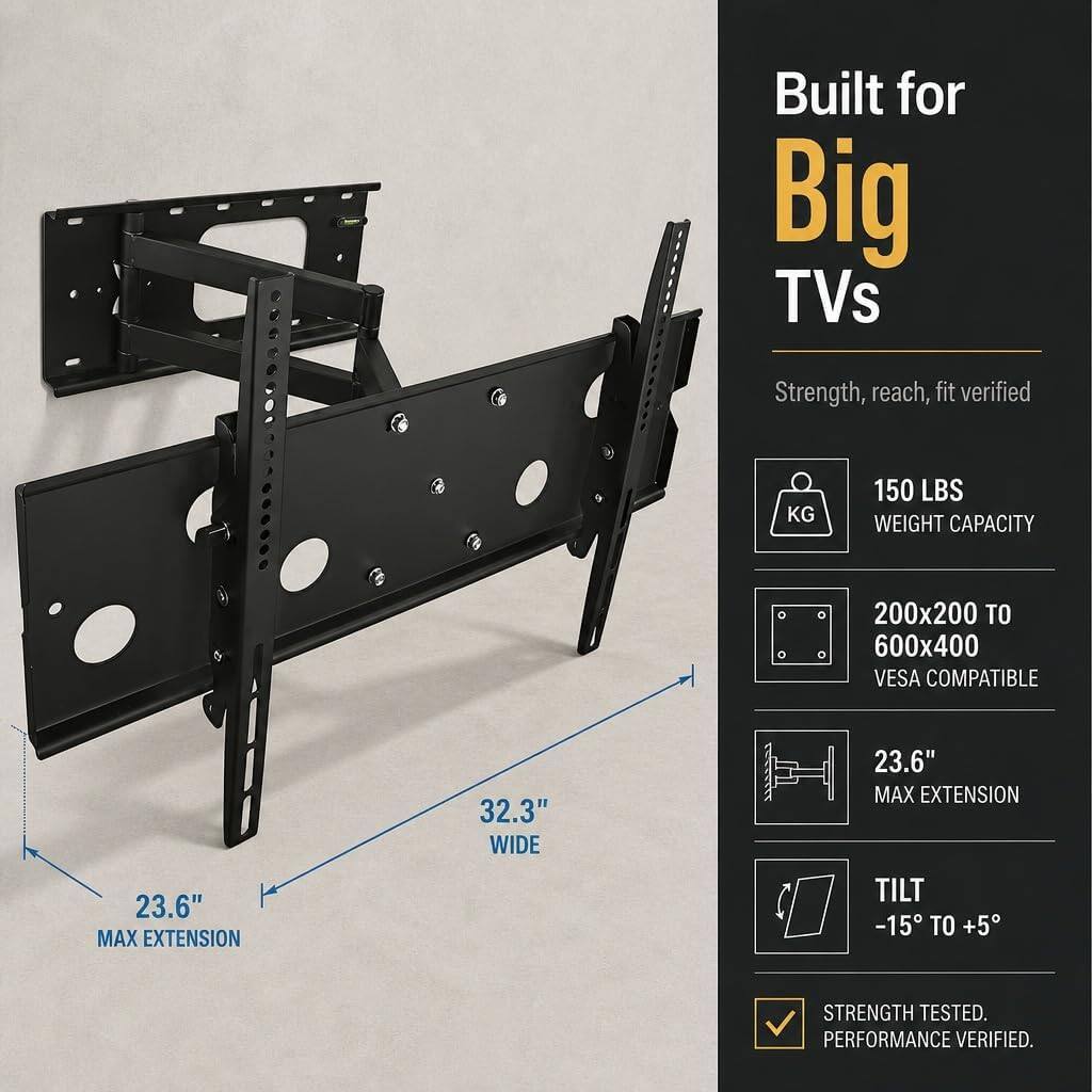 Built for Big TVs  
Strength, reach, fit verified  
150 LBS WEIGHT CAPACITY  
200x200 TO 600x400 VESA COMPATIBLE  
32.3" WIDE  
23.6" MAX EXTENSION  
TILT -15 TO +5  
STRENGTH TESTED. PERFORMANCE VERIFIED.
