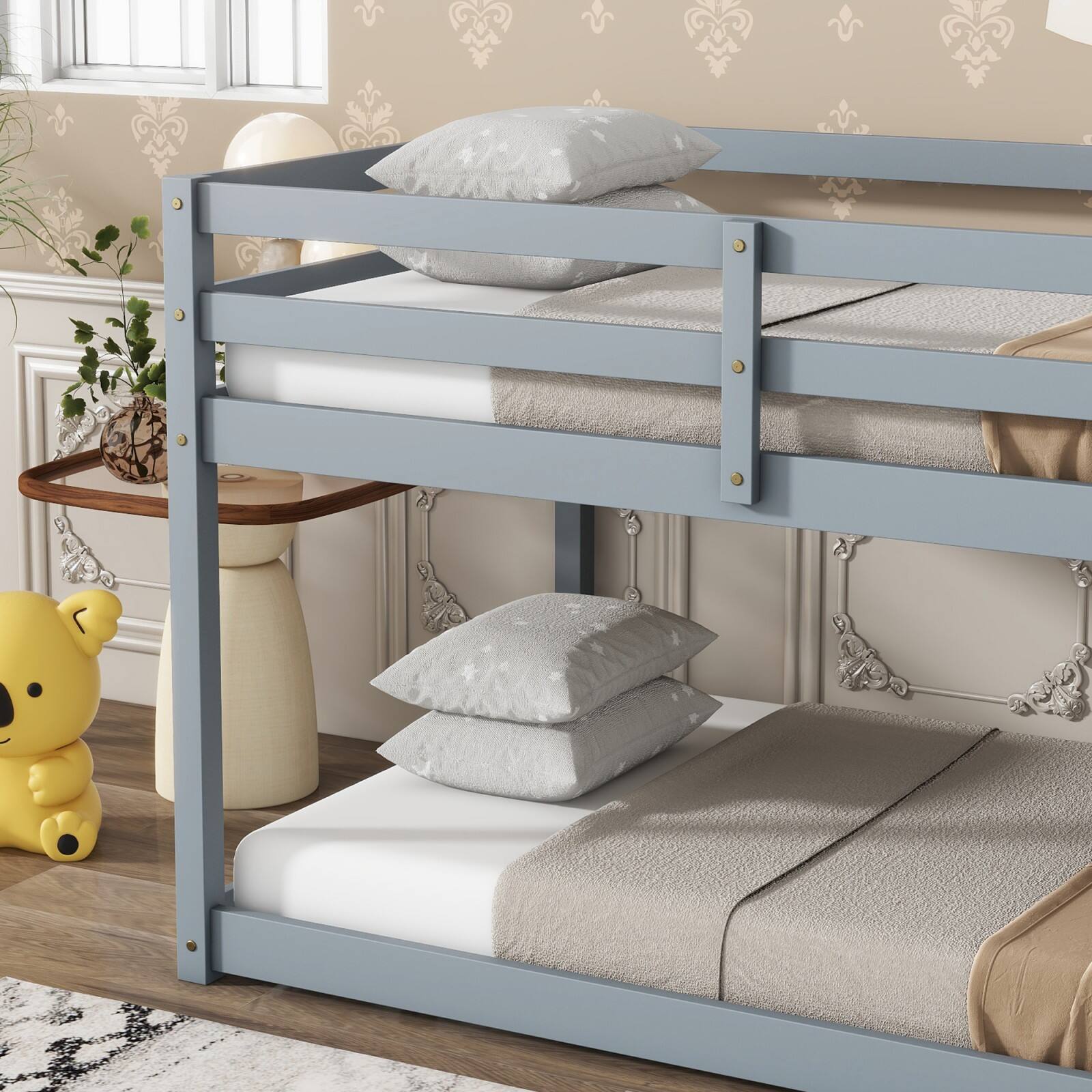 Alt View 5. Ecooso - Solid Wooden, Solid Rubber Wooden Twin over Twin Floor Bunk Bed with Ladder, with Bed Platform of Strengthened Slats - Grey.