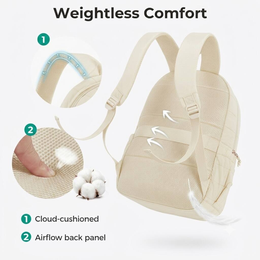 Weightless Comfort

1. Cloud-cushioned
2. Airflow back panel