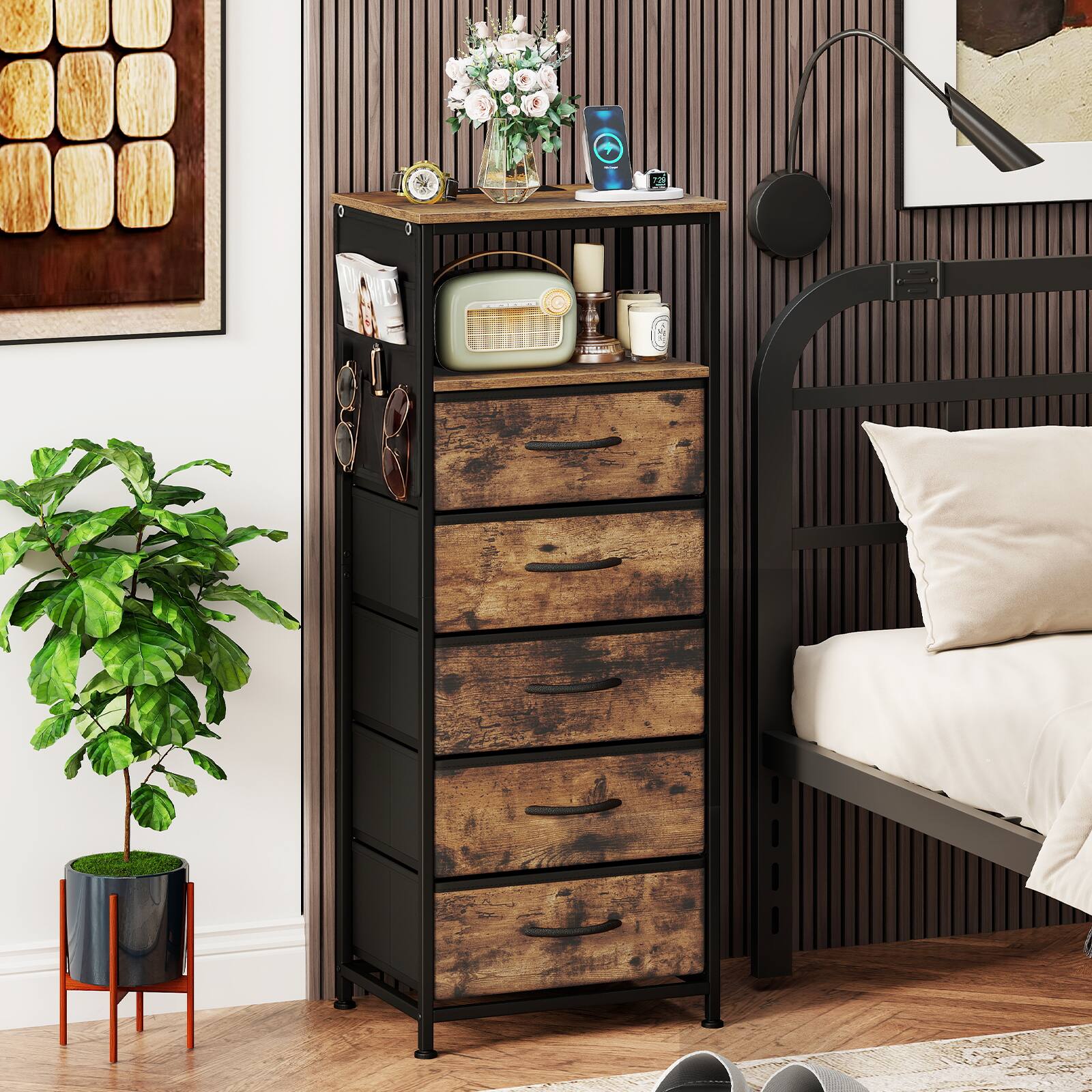 Alt View 1. Costway - Costway 2 PCS Nightstand with Integrated Charging Station, Bedside Table with 5 Fabric Drawers - Rustic + Black.