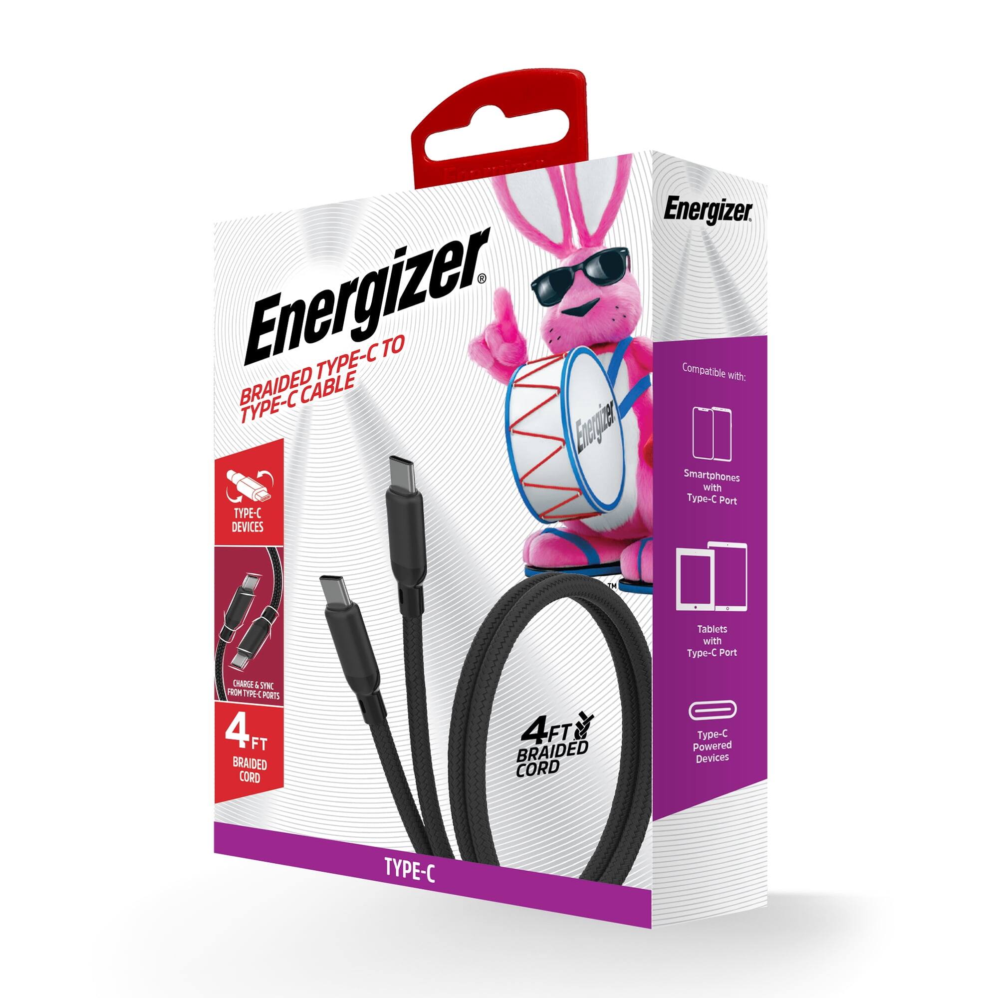 Energizer. Energizer. BRAIDED TYPE-C TO TYPE-C CABLE. Compatible with: Smartphones with Type-C Port. Tablets with Type-C Port. Type-C Powered Devices. 4 FT BRAIDED CORD.
