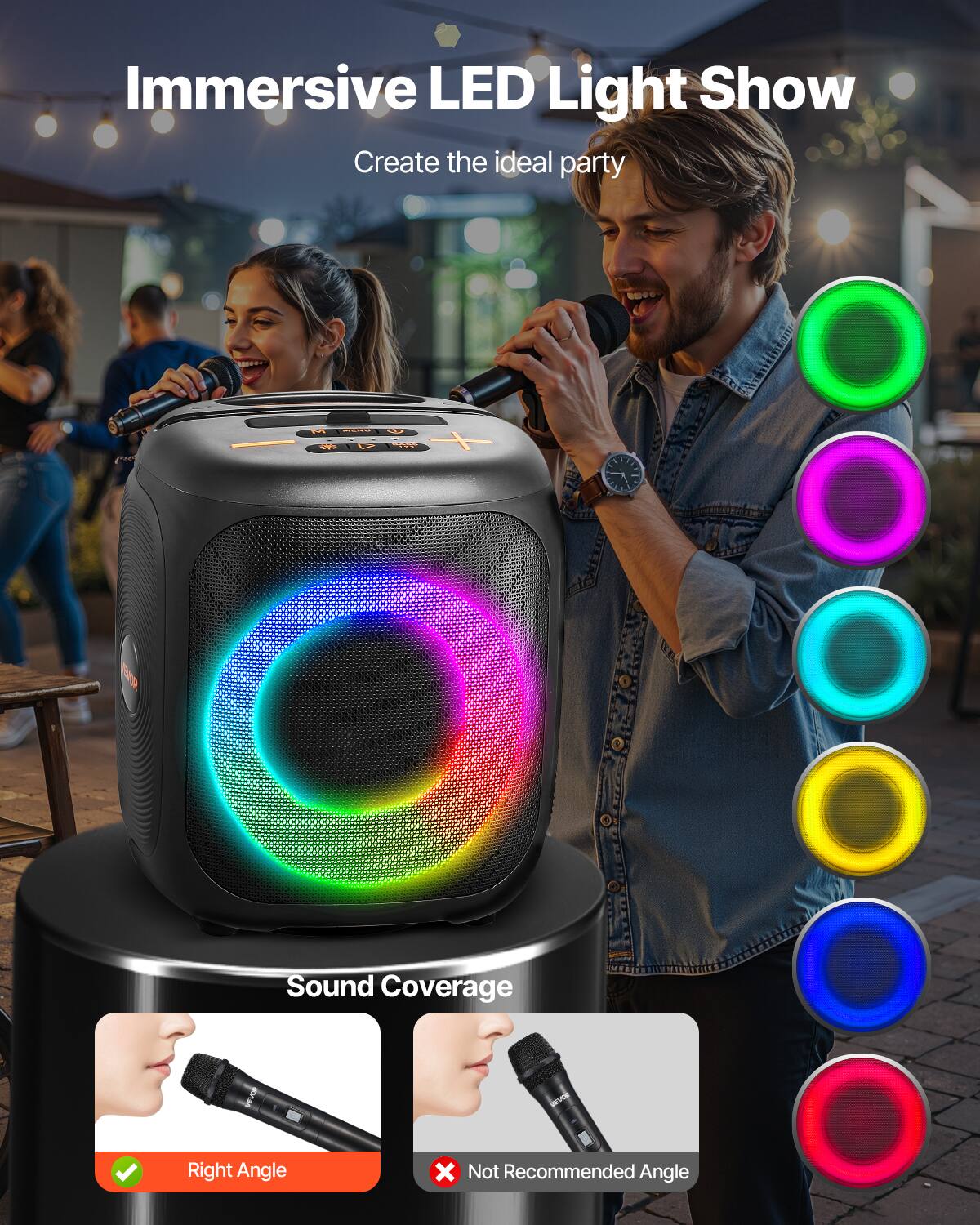 Immersive LED Light Show  
Create the ideal party  

SECIED  
Sound Coverage  
VIEVOR  

Right Angle  
X Not Recommended Angle