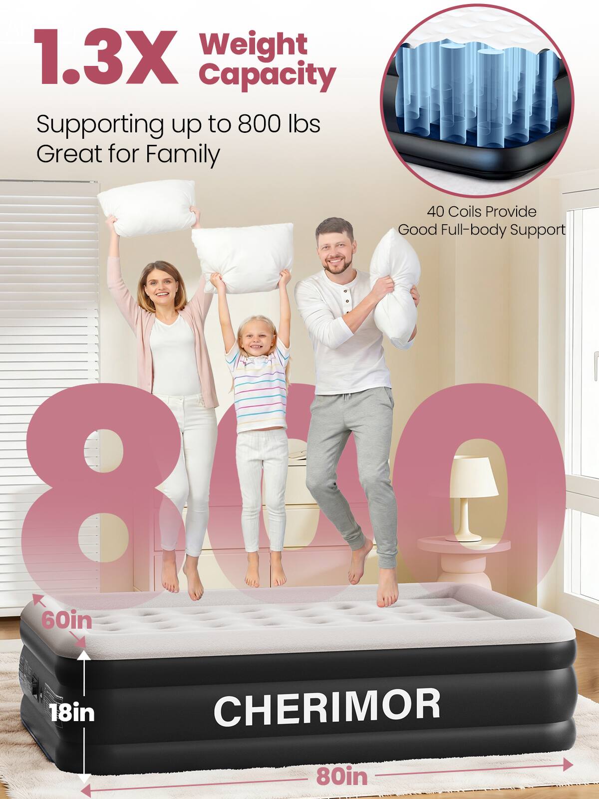 1.3X Weight Capacity Supporting up to 800 lbs Great for Family

40 Coils Provide Good Full-body Support

80in x 60in x 18in CHERIMOR
