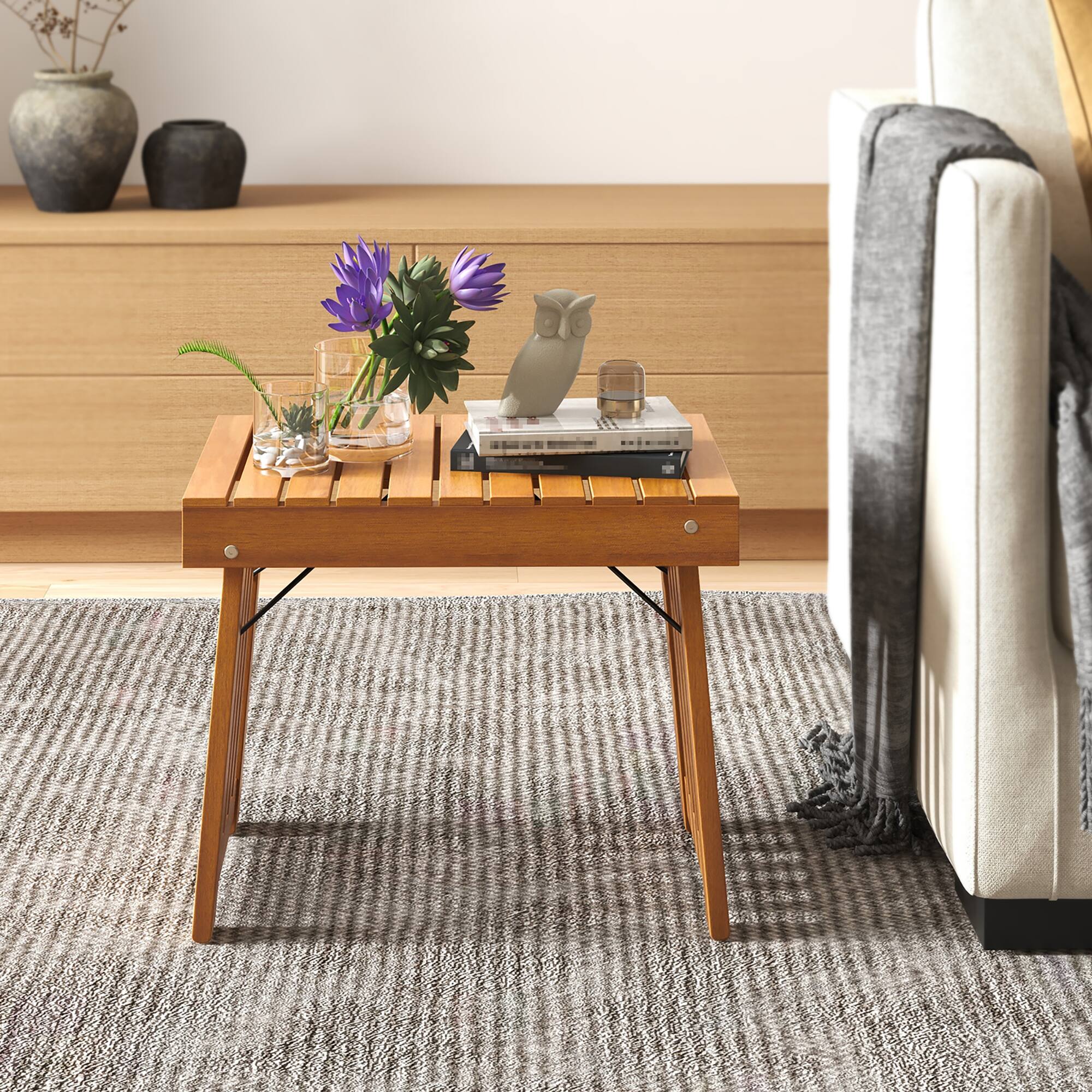 Alt View 5. Gymax - Gymax 2PCS Outdoor Folding Side Table Patio Acacia Wood End Table w/ Slatted Tabletop - Teak.