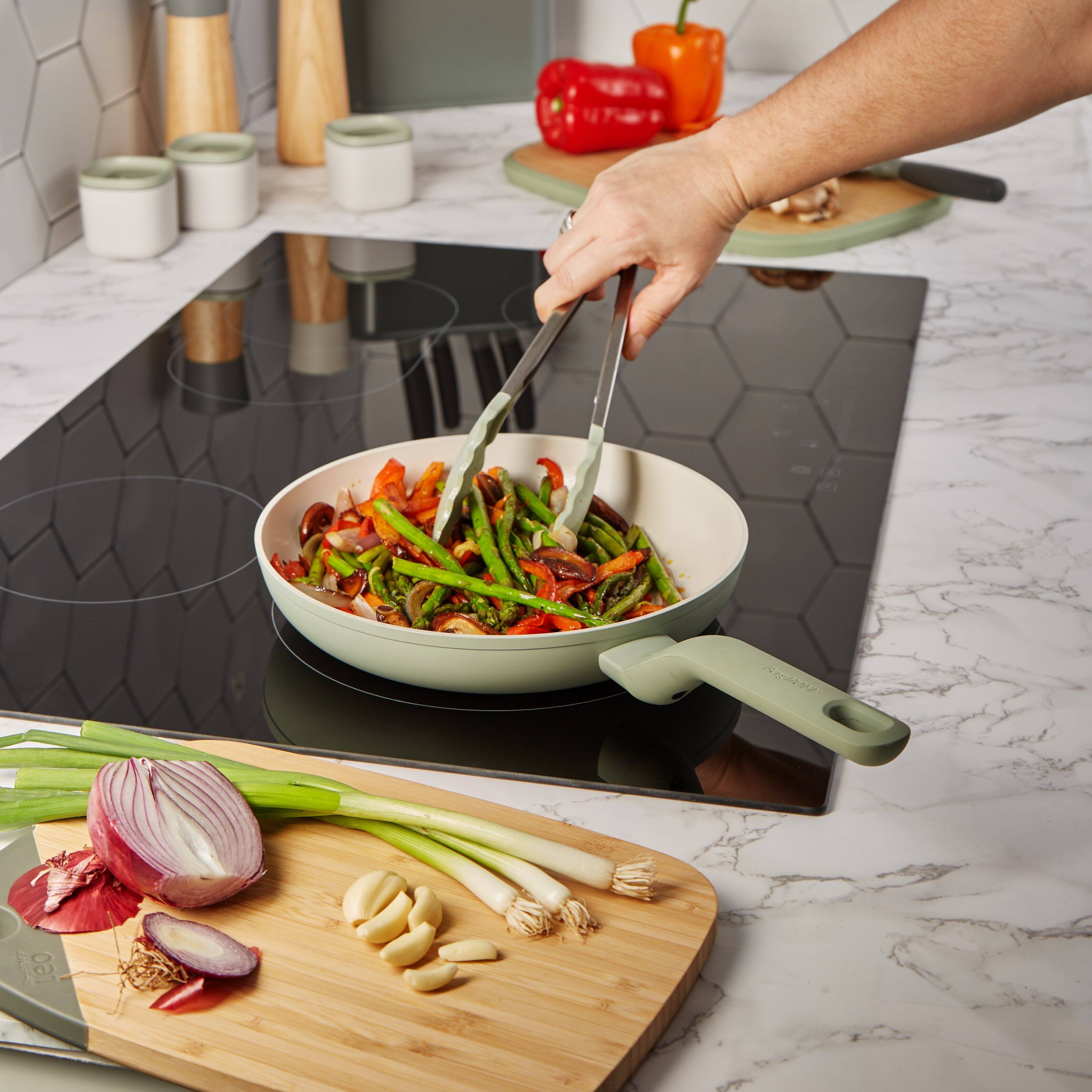 Left. BergHOFF - BergHOFF Balance Nonstick Ceramic Frying Pan 9.5", Recycled Aluminum, Sage - Sage.