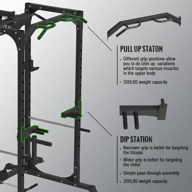 PULL UP STATION
Different grip positions allow you to do chin up variations which targets various muscles in the upper body
300LBS weight capacity

DIP STATION
Narrower grip is better for targeting the triceps
Wider grip is better for targeting the chest
Simple pass-through assembly
300LBS weight capacity