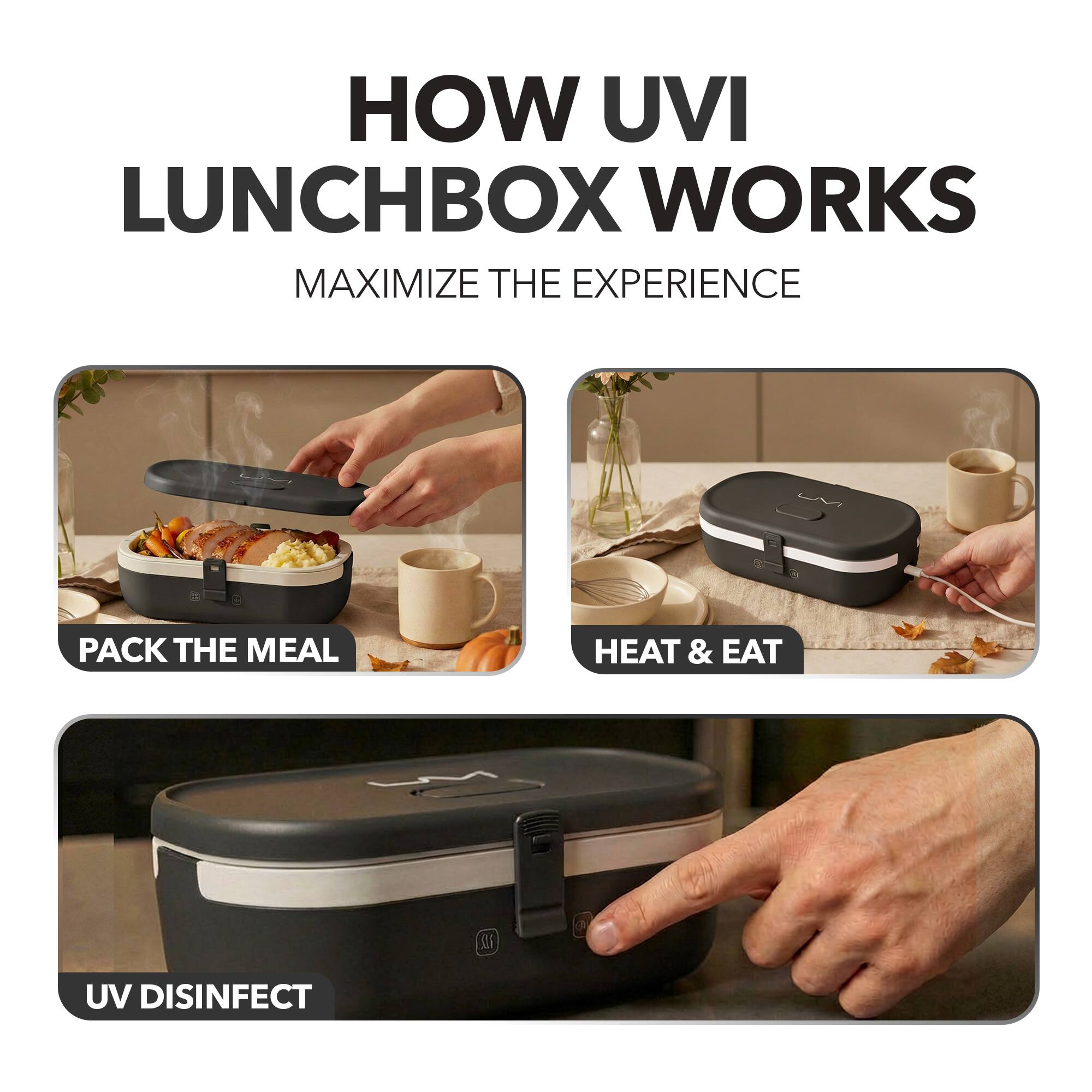 HOW UVI LUNCHBOX WORKS  
MAXIMIZE THE EXPERIENCE  

PACK THE MEAL  
HEAT & EAT  
UV DISINFECT