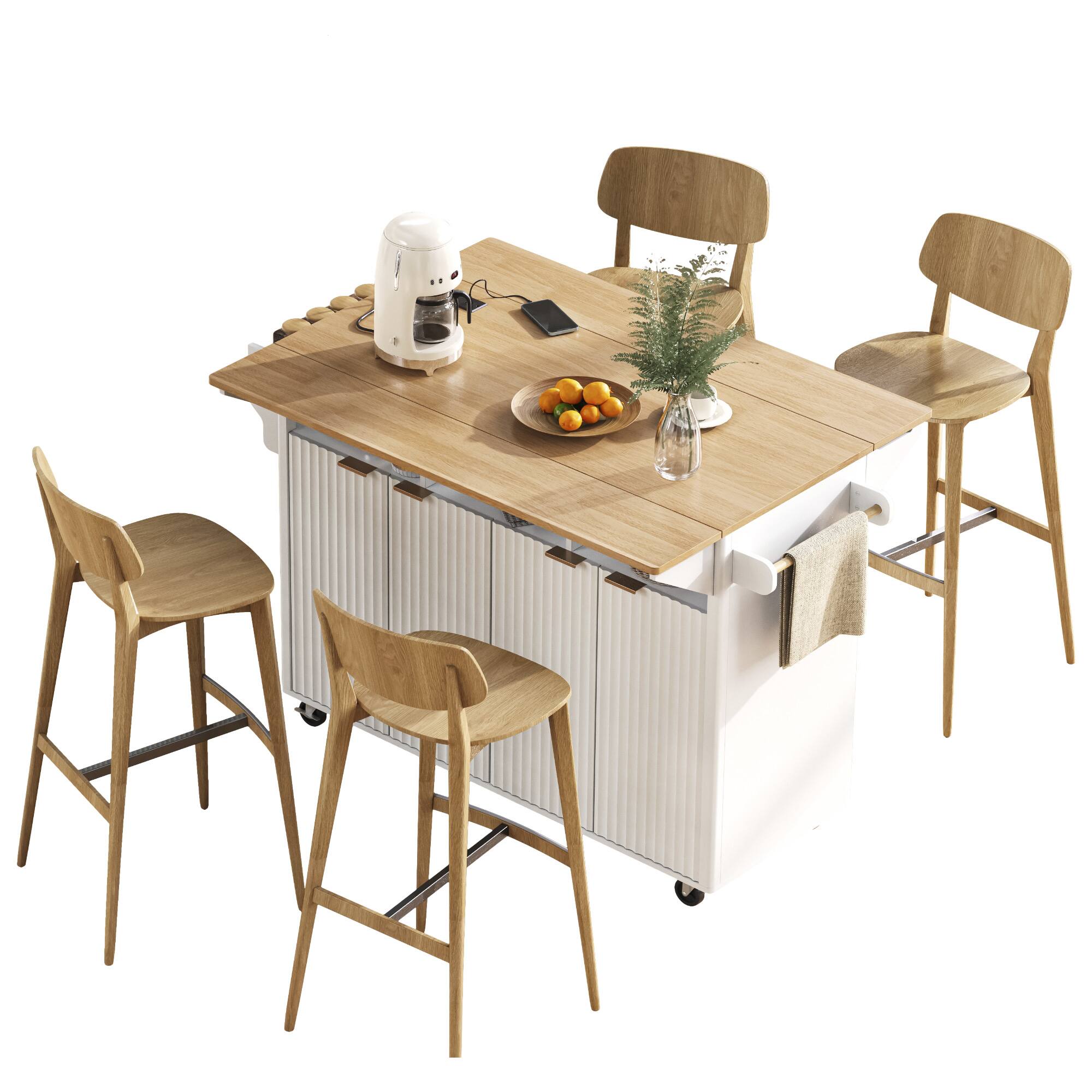 Alt View 3. Forest'nSky - 55.5" Fluted Kitchen Island, 4 Doors & Spice Rack, 2 Drop Leaf with Wood-Grain Top, Curved Edge, White - White.