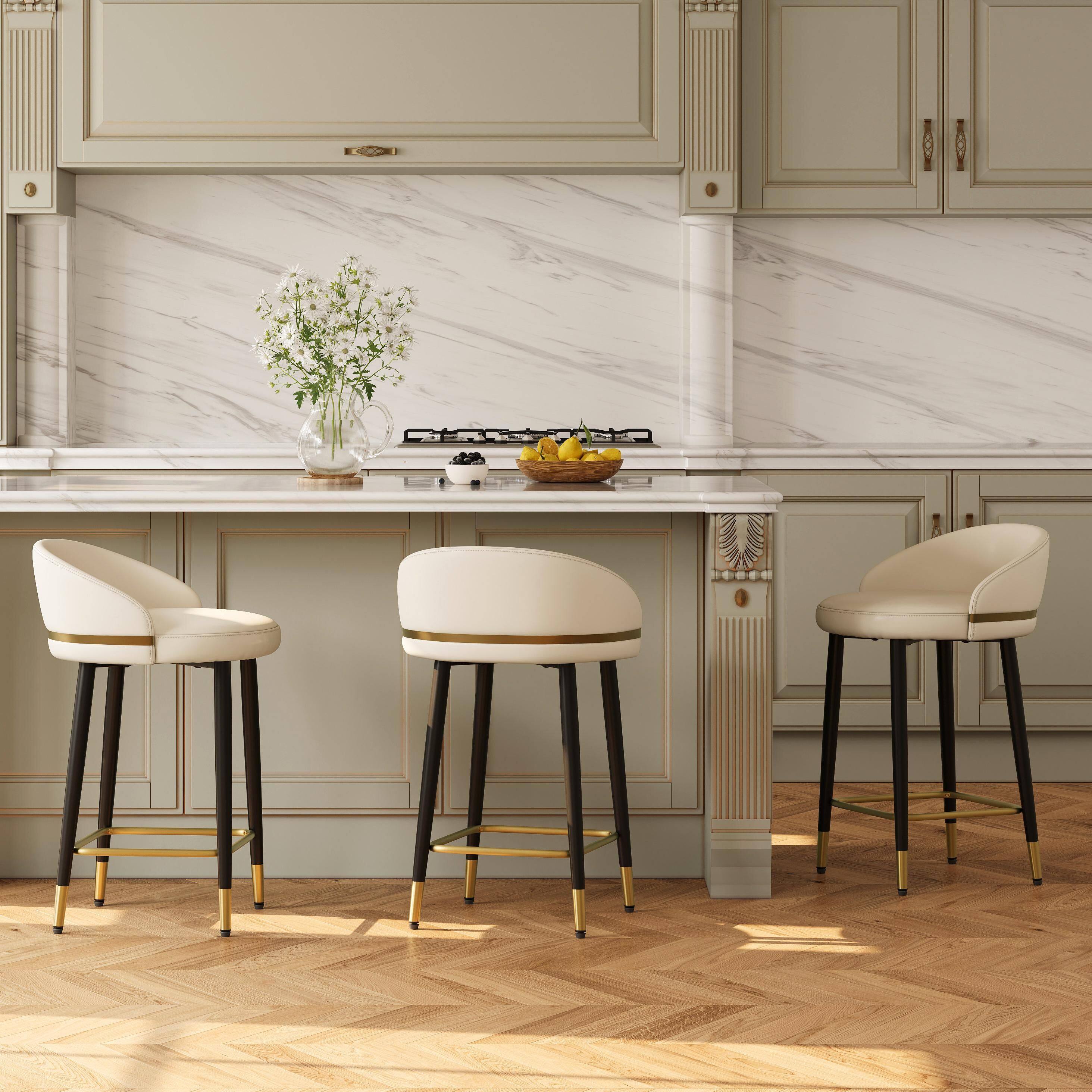Left. POVISON - 26" Modern Low Back Counter Height Bar Stools Set of 2, Leather Upholstered Counter Stools, Beige & Black - Beige & Black.