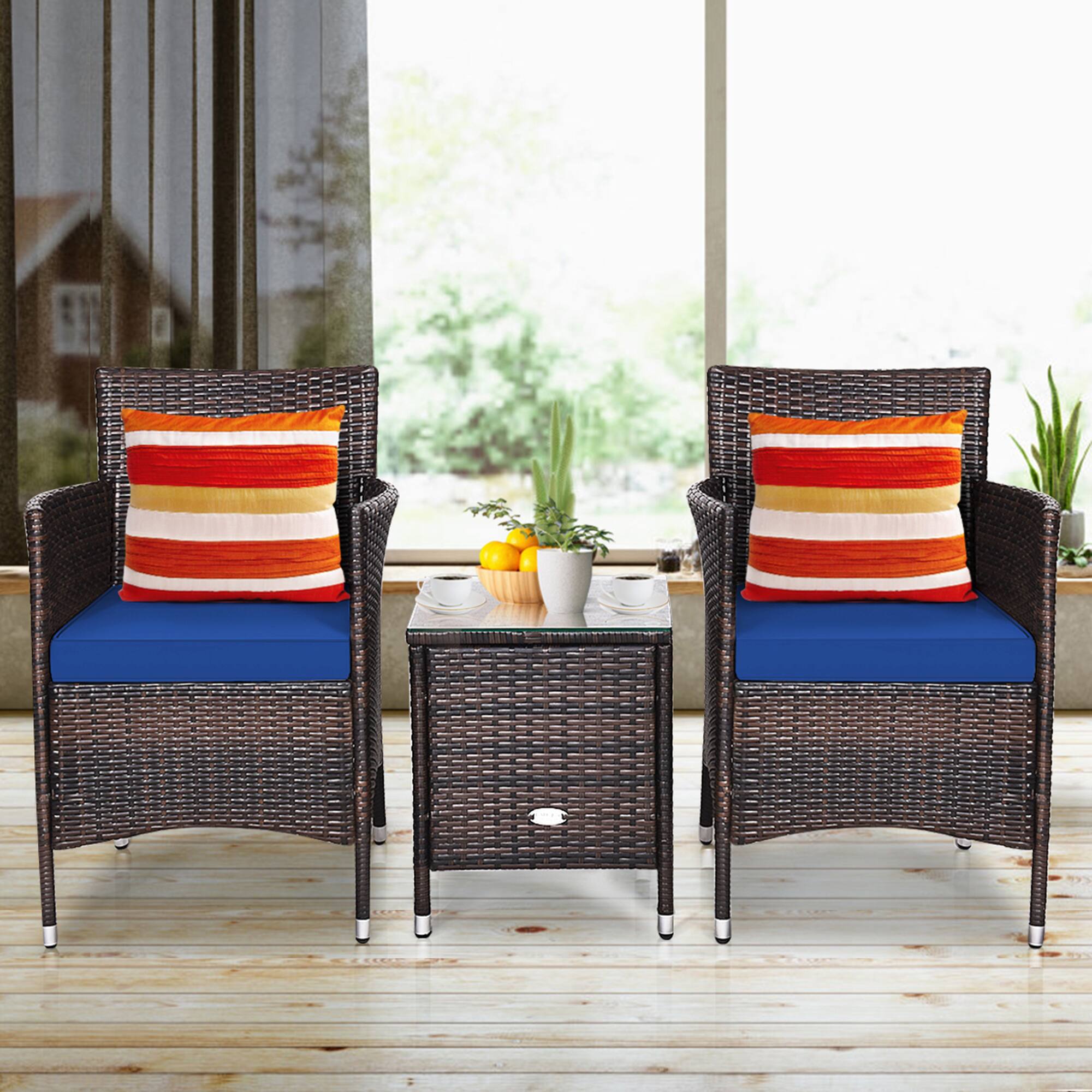 Alt View 2. Gymax - Gymax 3PCS Patio Rattan Chair & Table Furniture Set Outdoor w/ Navy Cushion - Navy.