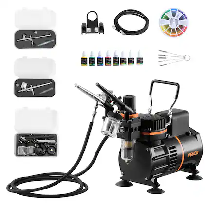 Front. VEVOR - Airbrush Kit, 1/6 HP, Air Brush Kit with Air Compressor, 3 Dual-Action Professional Airbrushes with 3 Tips, Hose - Black.