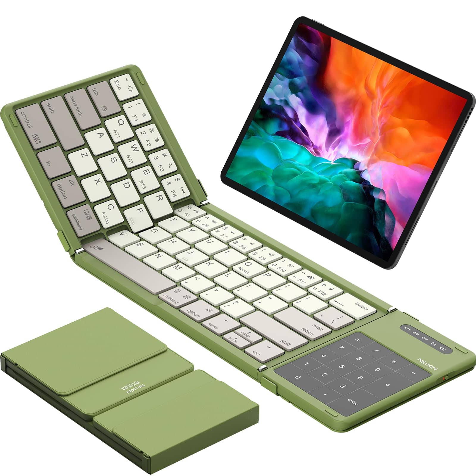 TECH SAFARI - Foldable With Touchpad & Number Pad Portable Full Size Keys Pocket-sized Wireless Travel Keyboards For Ipad - Green