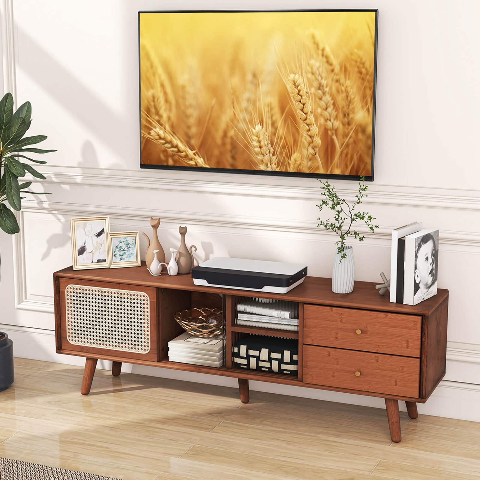 Angle. Costway - Bamboo TV Stand Console Table with PE Rattan Door & 2 Drawers for TV up to 65" - Brown.