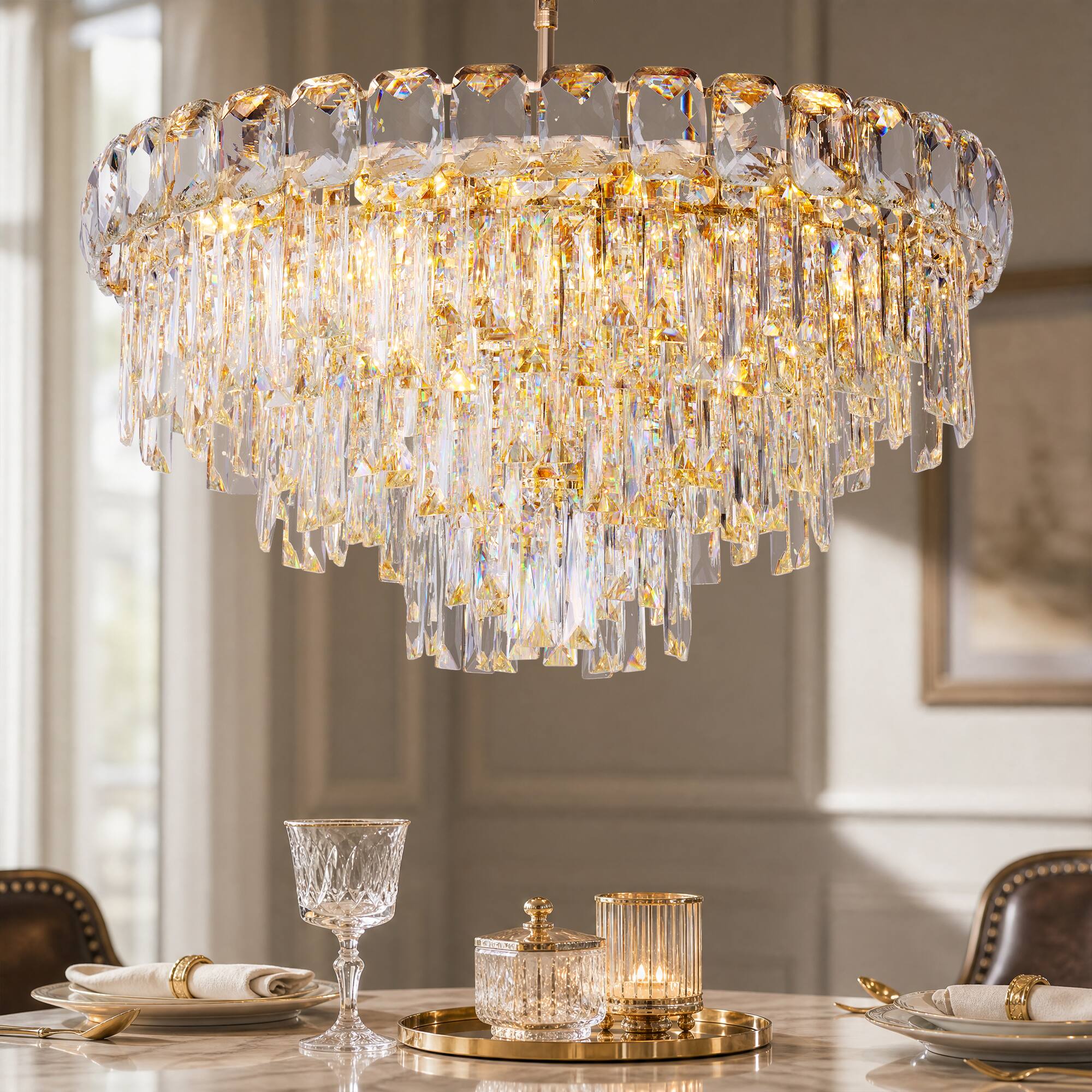 Angle. Siljoy - 24 Inch Round Luxury Rose Gold Multi-Layer Crystal Chandelier, Ceiling Pendant Light for  Living Room and Foyer - Rose Gold.