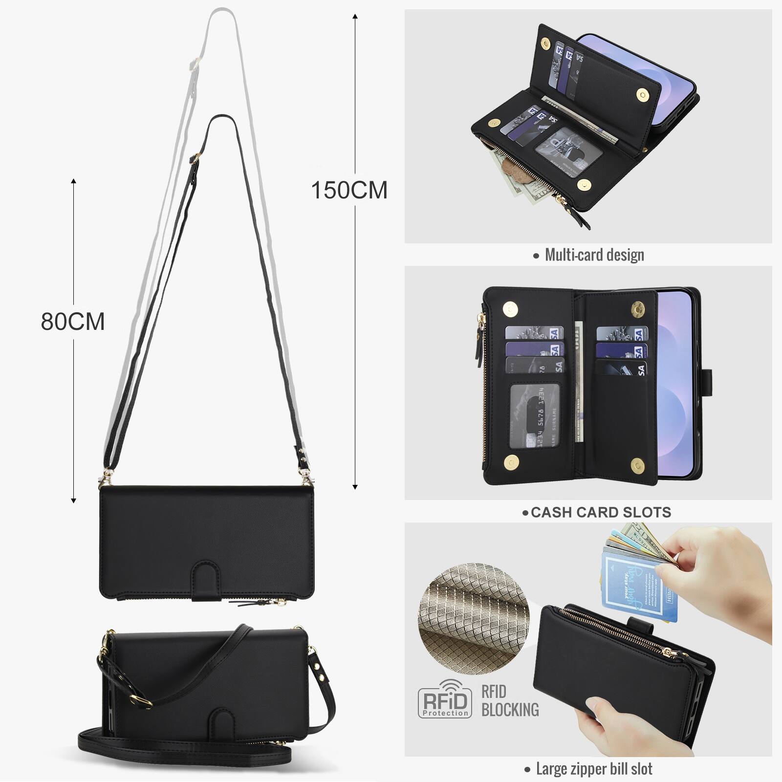 AZ  
150CM  
Multi-card design  
80CM  
2 NEST 5678  
SA SA  
SA  
CASH CARD SLOTS  
RFID RFiD Protection BLOCKING  
Large zipper bill slot