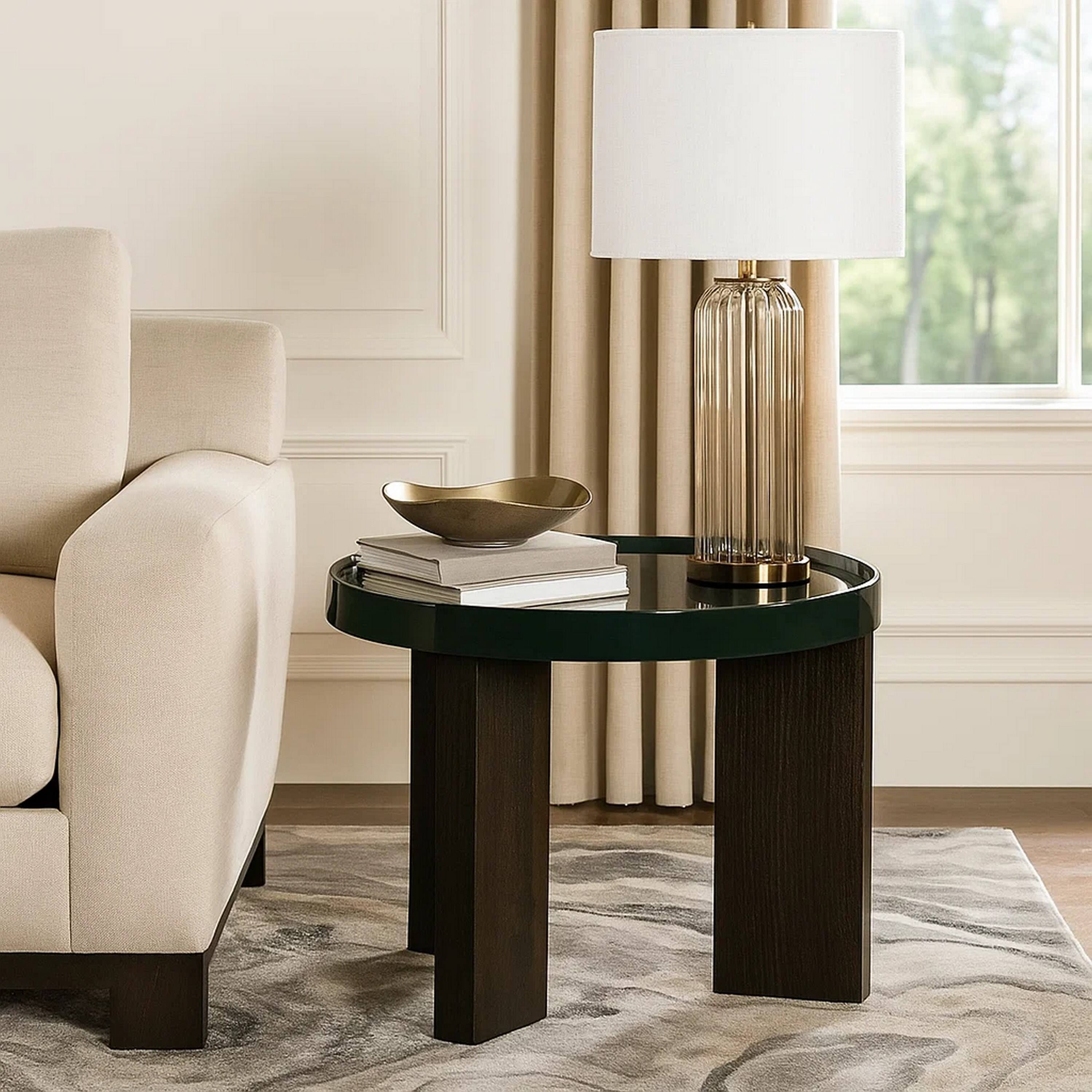 Alt View 5. Manhattan Lane - Lexy Side End Table, 24 Inch Round Top, High Gloss Blackish Green - Blackish Green, Smoked Brown.