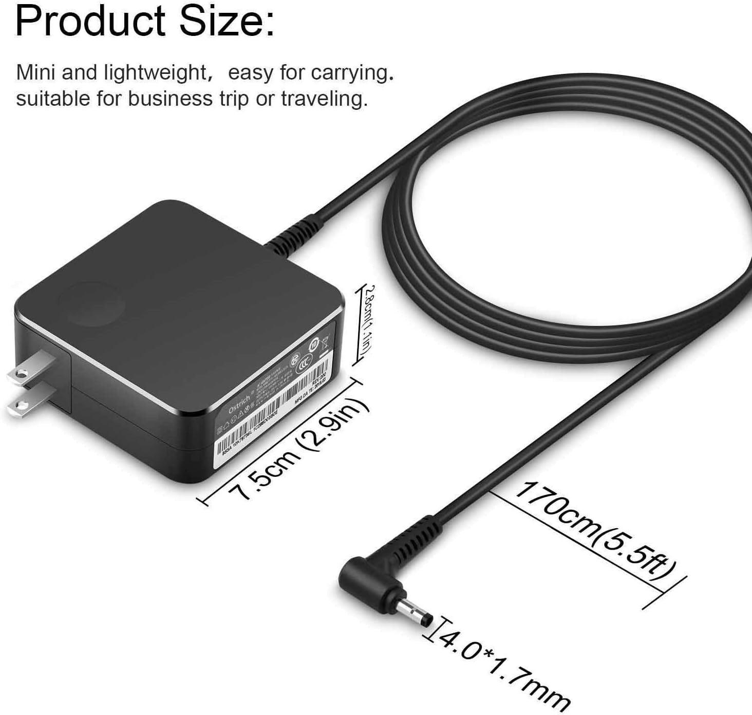 Product Size: Mini and lightweight, easy for carrying. Suitable for business trip or traveling.  
2.8cm (1.1in), 7.5cm (2.9in), 170cm (5.5ft)  
4.0*1.7mm