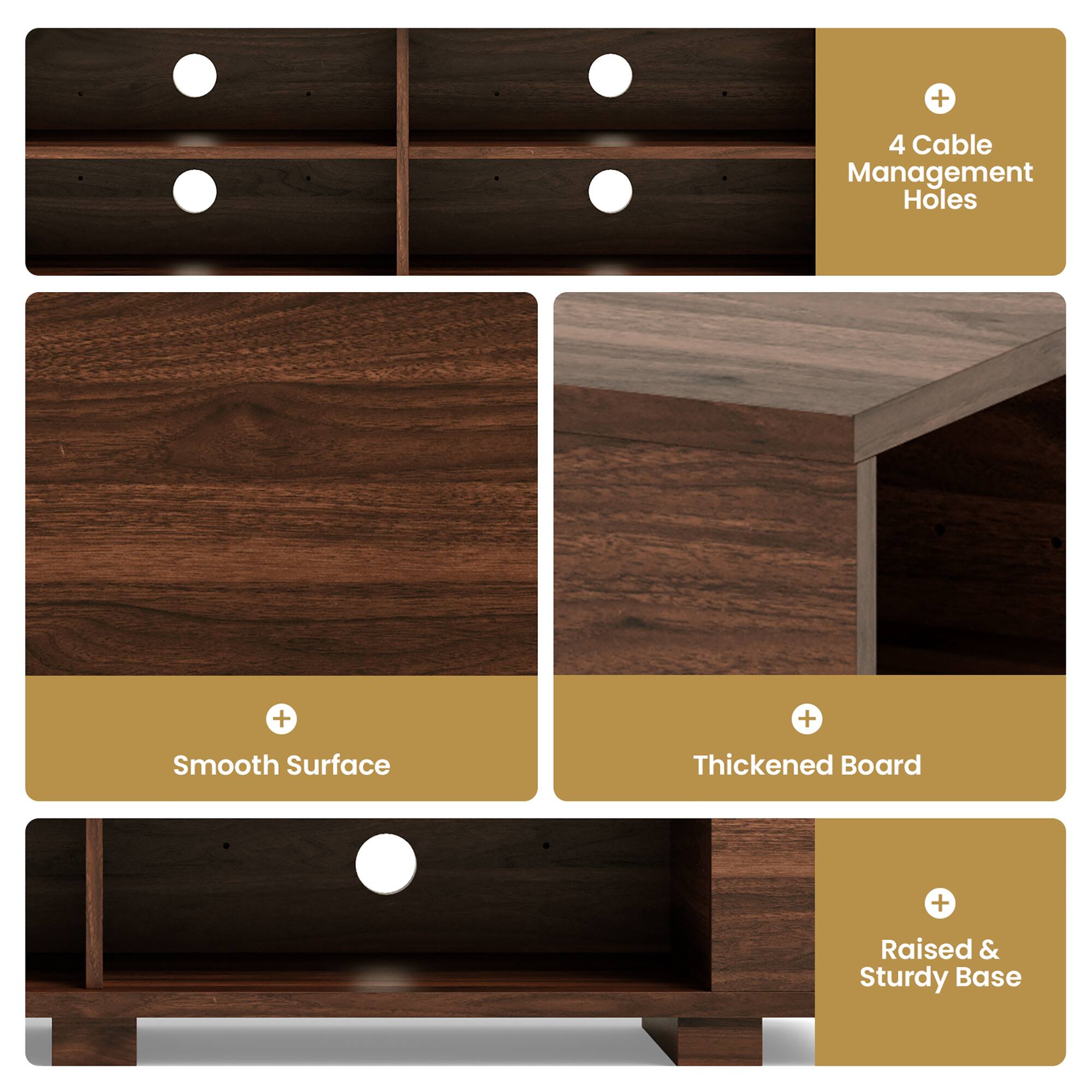 The image features a wooden dresser with four cable management holes. The dresser also has a smooth surface and a thickened board. Additionally, it has a raised and sturdy base.