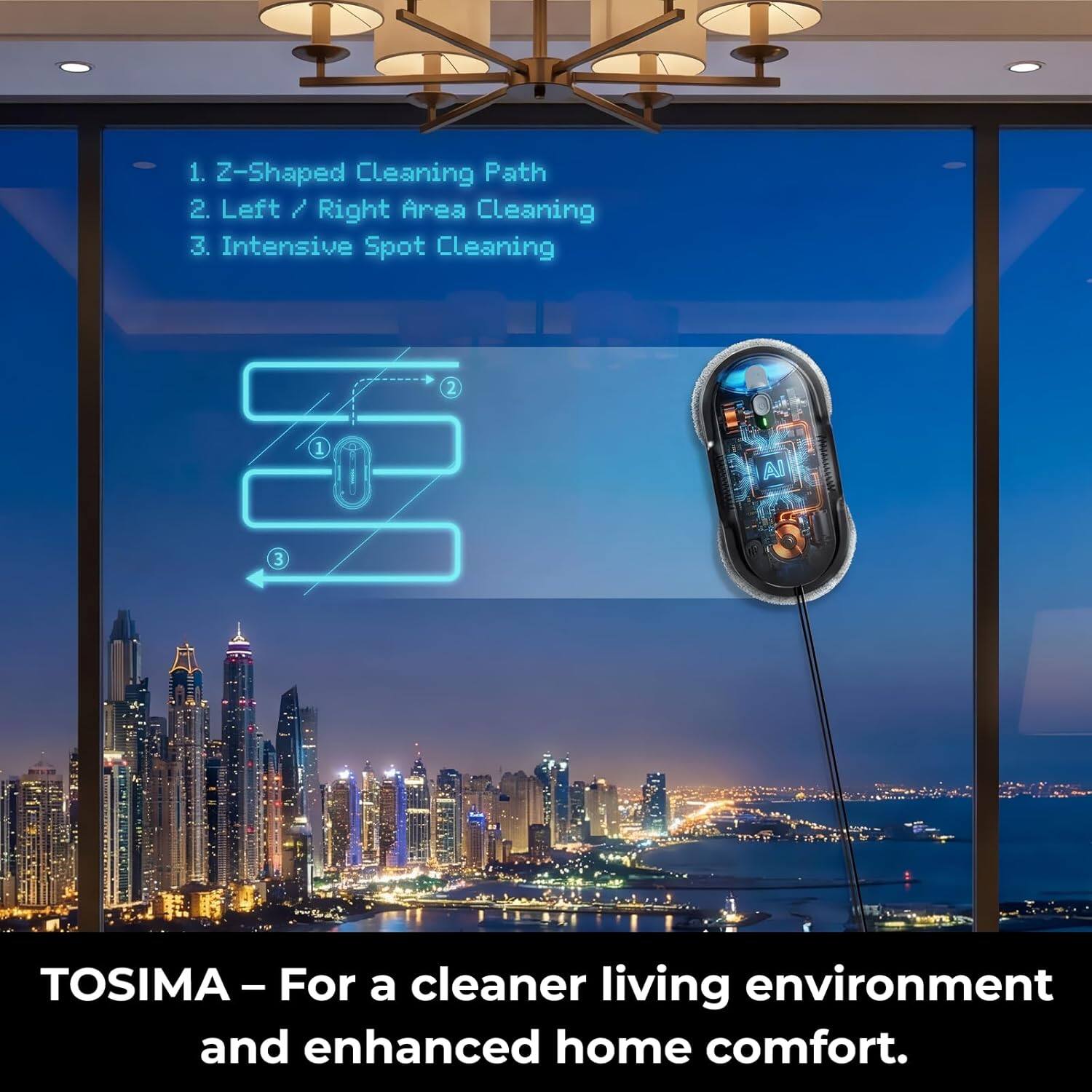 1. Z-Shaped Cleaning Path  
2. Left / Right Area Cleaning  
3. Intensive Spot Cleaning  

TOSIMA – For a cleaner living environment and enhanced home comfort.