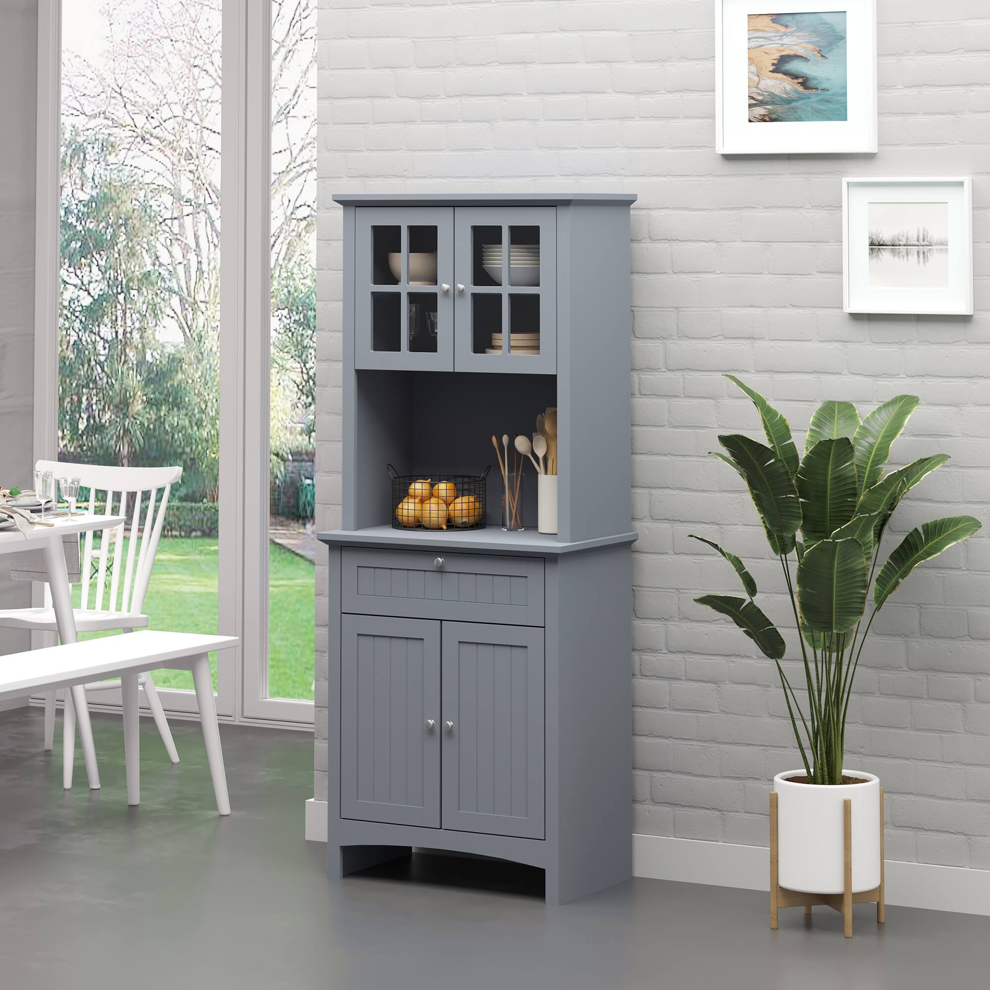 Alt View 1. Homcom - Elegant Buffet with Hutch, Kitchen Pantry Storage Cabinet with Framed Glass Door Drawer and Microwave Space, Grey - Grey.