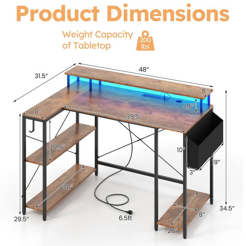 Product Dimensions  
Weight Capacity of Tabletop: 200 lbs  
Dimensions:  
- Length: 48"  
- Width: 31.5"  
- Height: 39.5"  
- Shelf 1: 12.5"  
- Shelf 2: 30"  
- Drawer: 10" x 19" x 3"  
- Overall Height: 6.5ft  
- Side Width: 8"  
- Side Height: 29.5"  
- Bottom Shelf Width: 8"  
- Bottom Shelf Height: 20"
