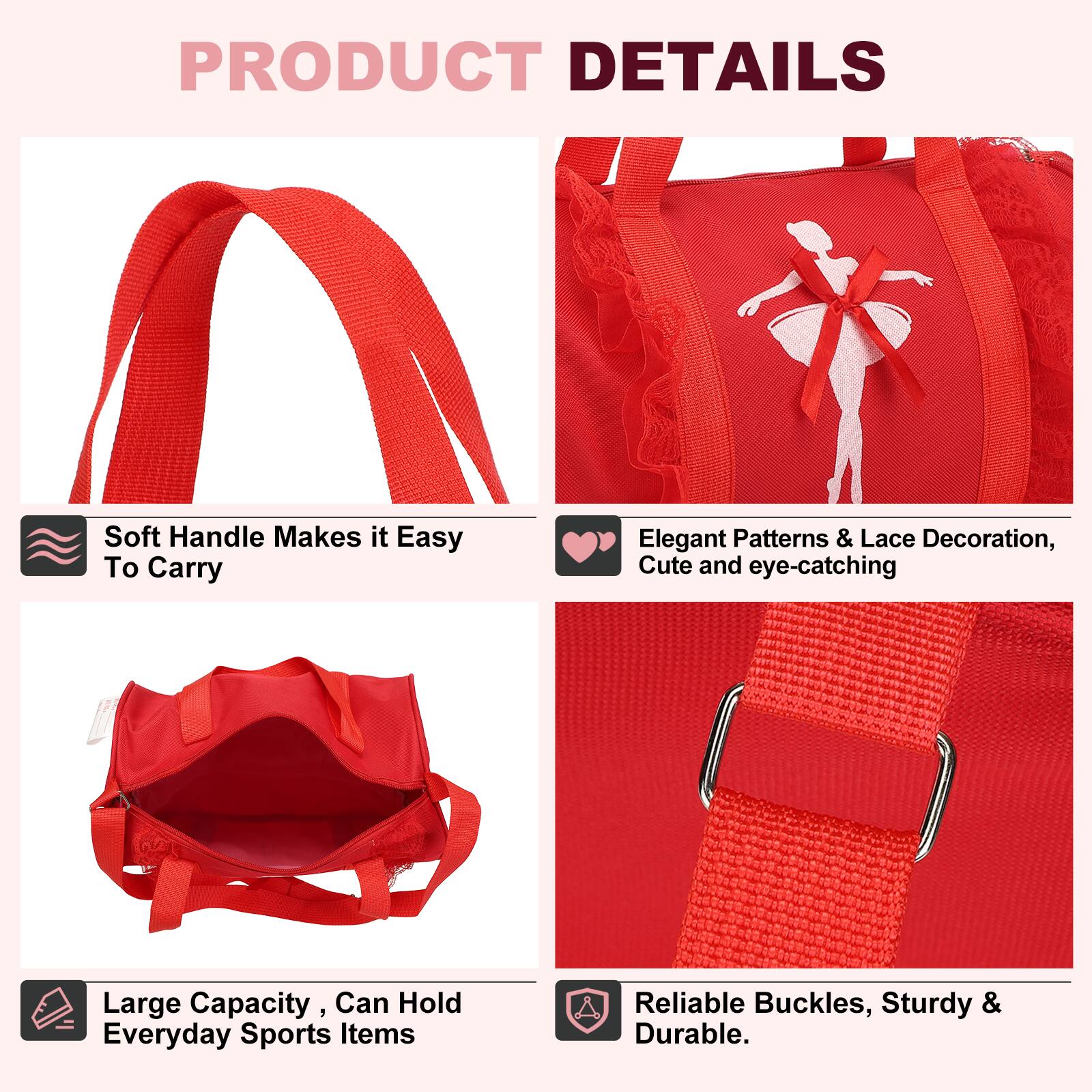 PRODUCT DETAILS

- Soft Handle Makes it Easy To Carry
- Elegant Patterns & Lace Decoration, Cute and eye-catching
- Large Capacity, Can Hold Everyday Sports Items
- Reliable Buckles, Sturdy & Durable