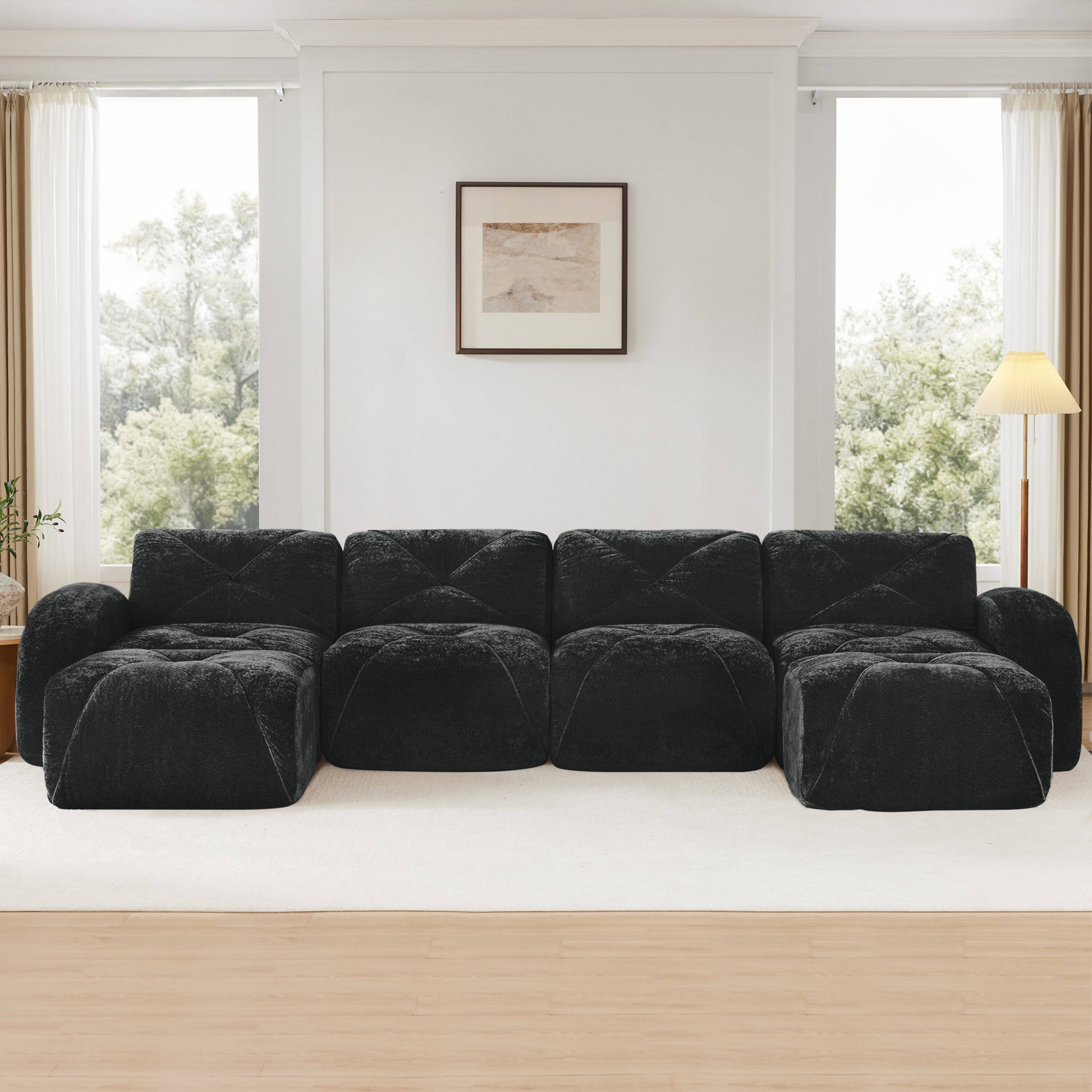Alt View 1. Boyel Living - U Shaped Velvet Tufted Sofa Movable Ottomans 32D HD Sponge Anti Slip Free Combo No Assembly Living Theater Black - Black.