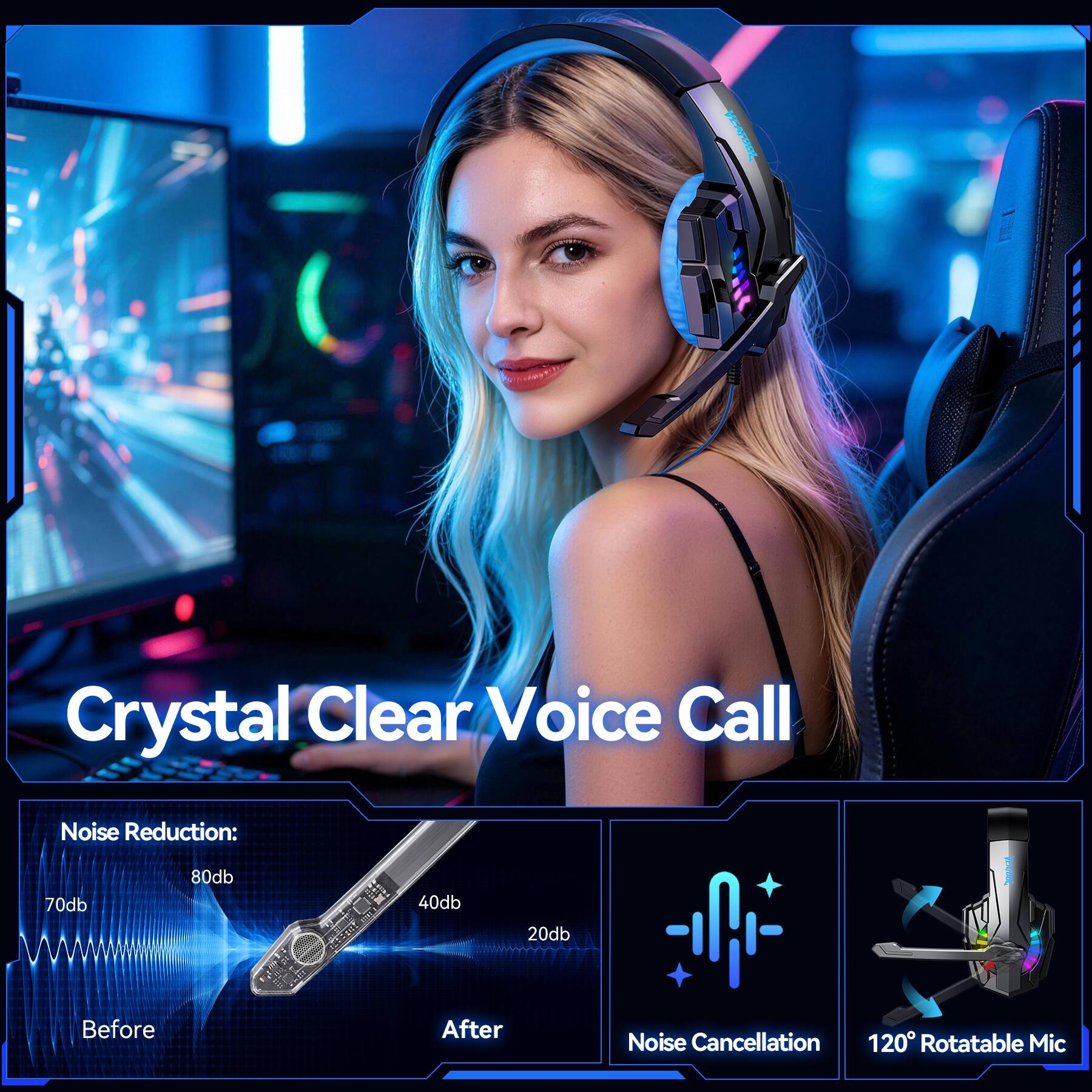 Crystal Clear Voice Call

Noise Reduction:
70db
80db
40db
20db

Before
After

Noise Cancellation

120° Rotatable Mic