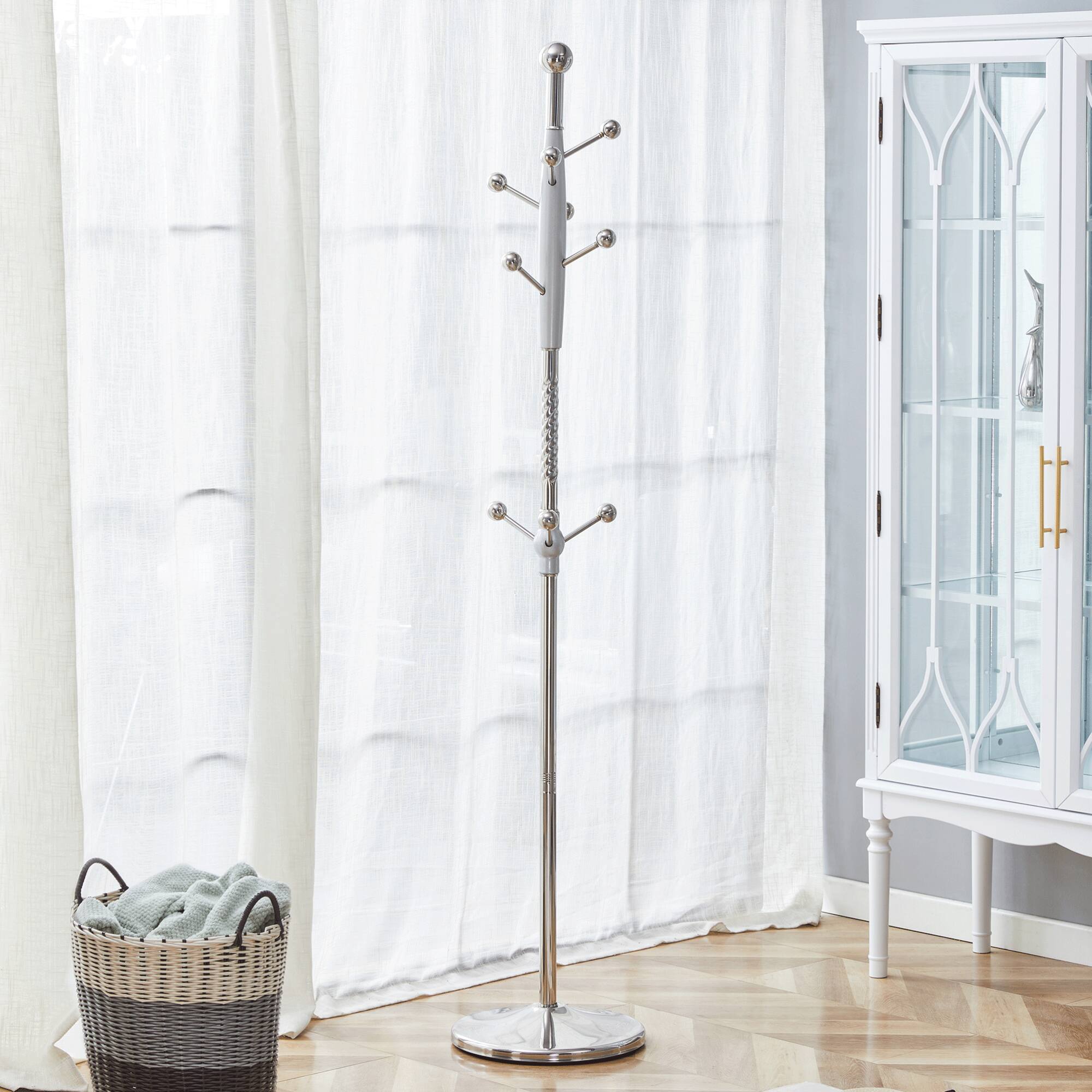 Left. GOODSILO - 72 Inch Tall Stainless Steel Free-Standing Coat Rack with Detachable Arms and Solid Wood Accents for Modern Entryway - Silver.