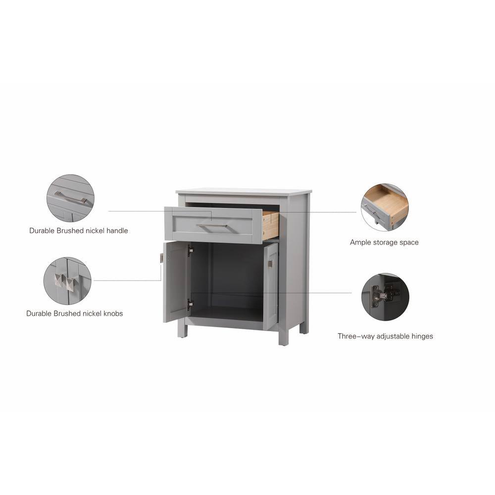 Durable Brushed nickel handle  
Ample storage space  
Durable Brushed nickel knobs  
Three-way adjustable hinges