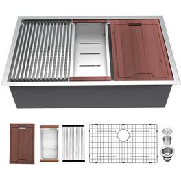 Lordear - 33"x19"x 10" Single Bowl Undermount Workstation 16 Gauge Kitchen Sink - Stainless Steel