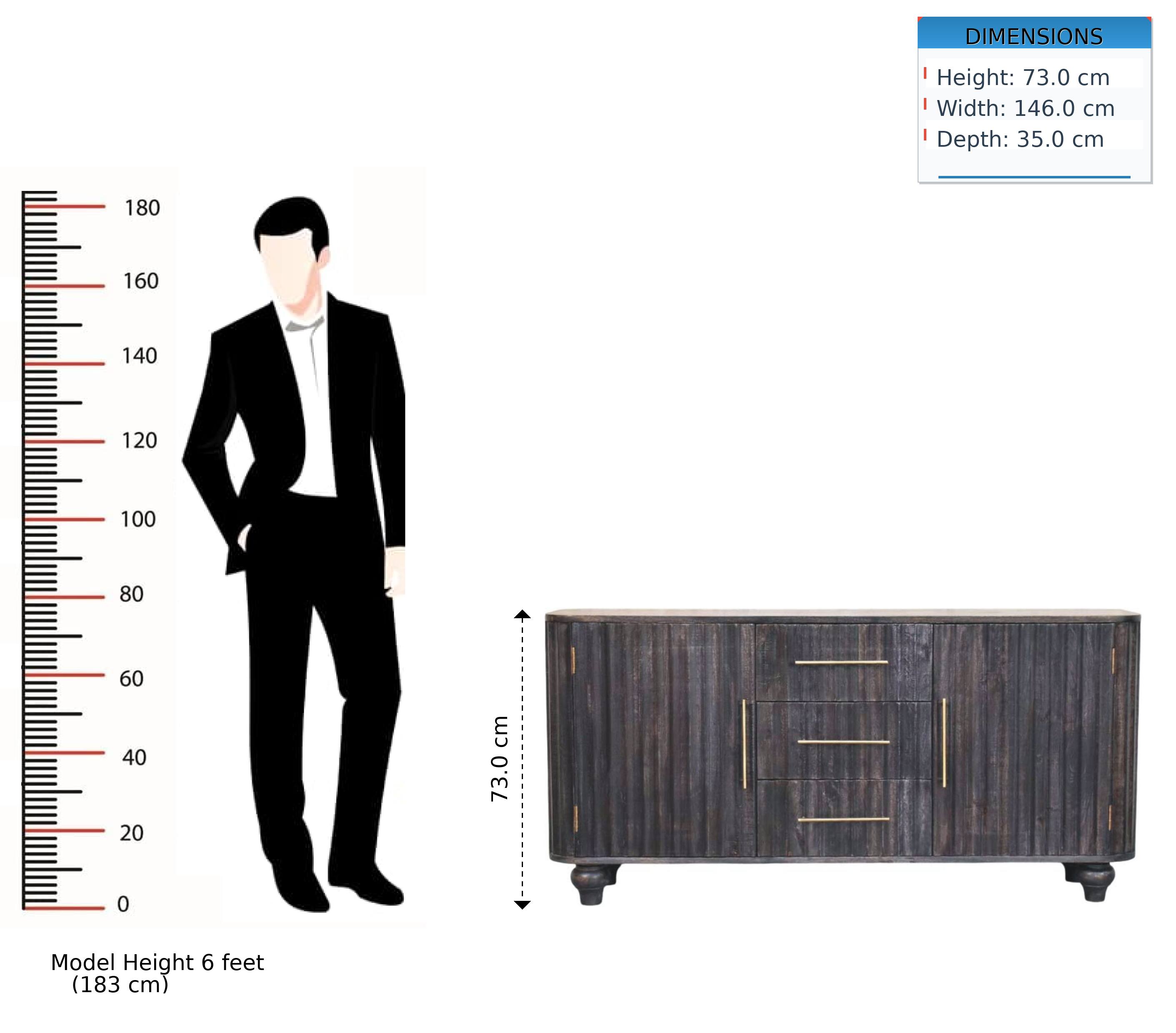 DIMENSIONS  
Height: 73.0 cm  
Width: 146.0 cm  
Depth: 35.0 cm  

Model Height: 6 feet (183 cm)