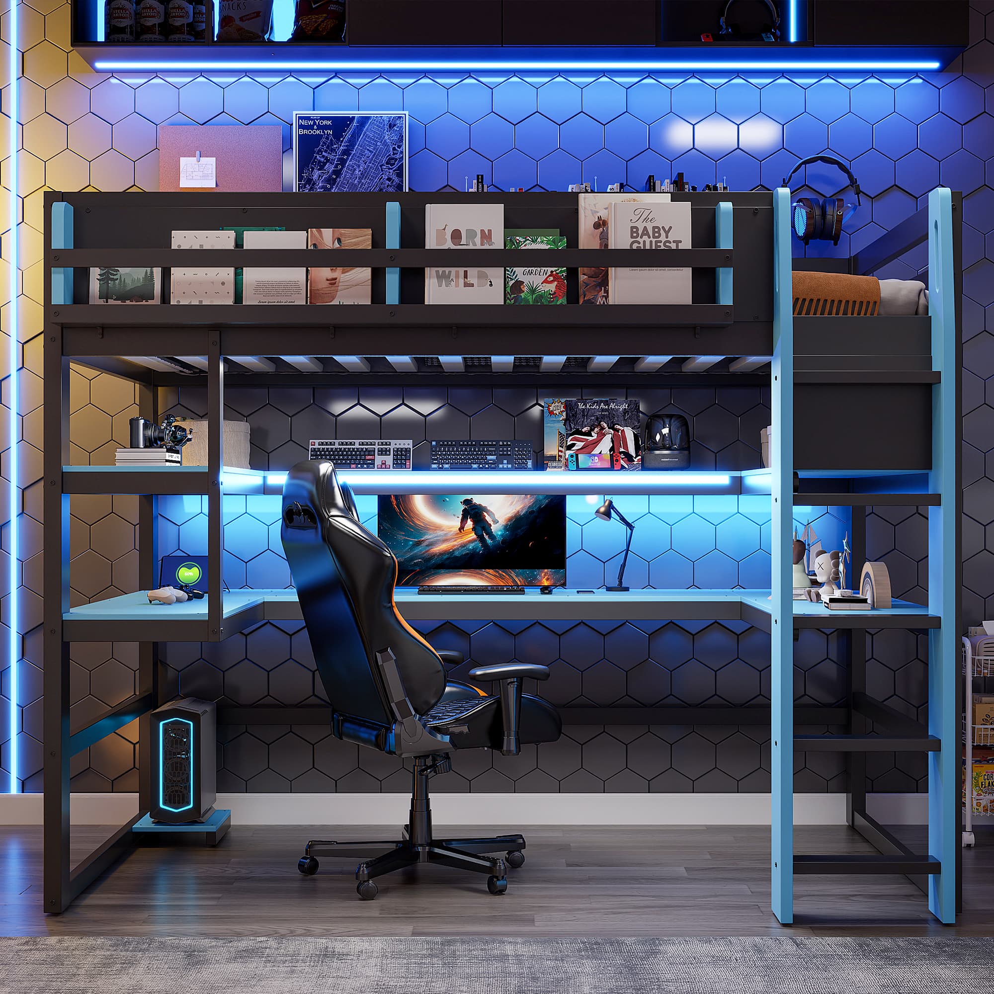 Anysun - Twin Size Wood Loft Bed with Desk,Side storage rack,Multi-storage Shelves and RGB Light,Cloud - Blue