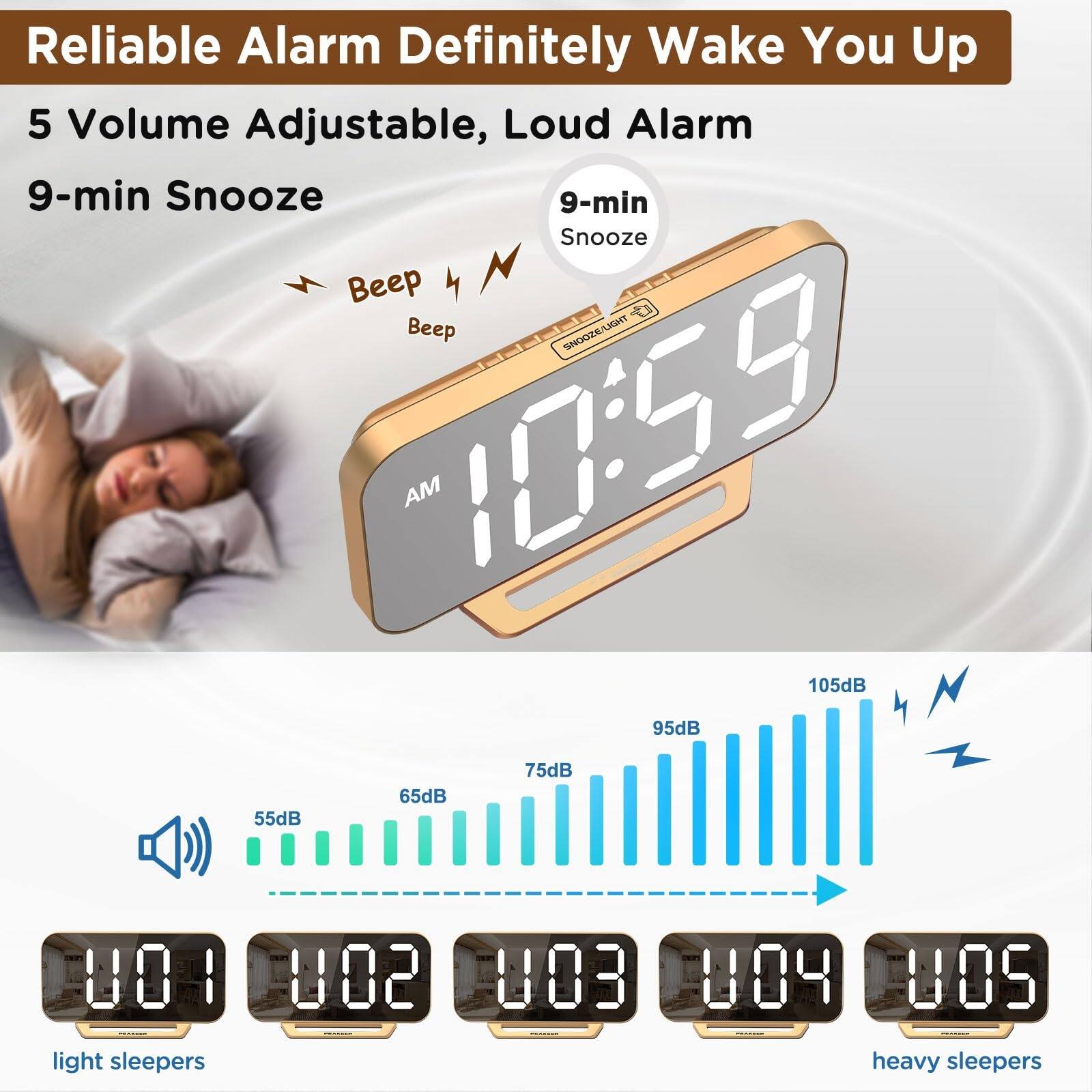 Left. Dazzed Corner - Digital Mirror Alarm Clock,Plug in LED Modern Clock, Battery Backup - Gold.