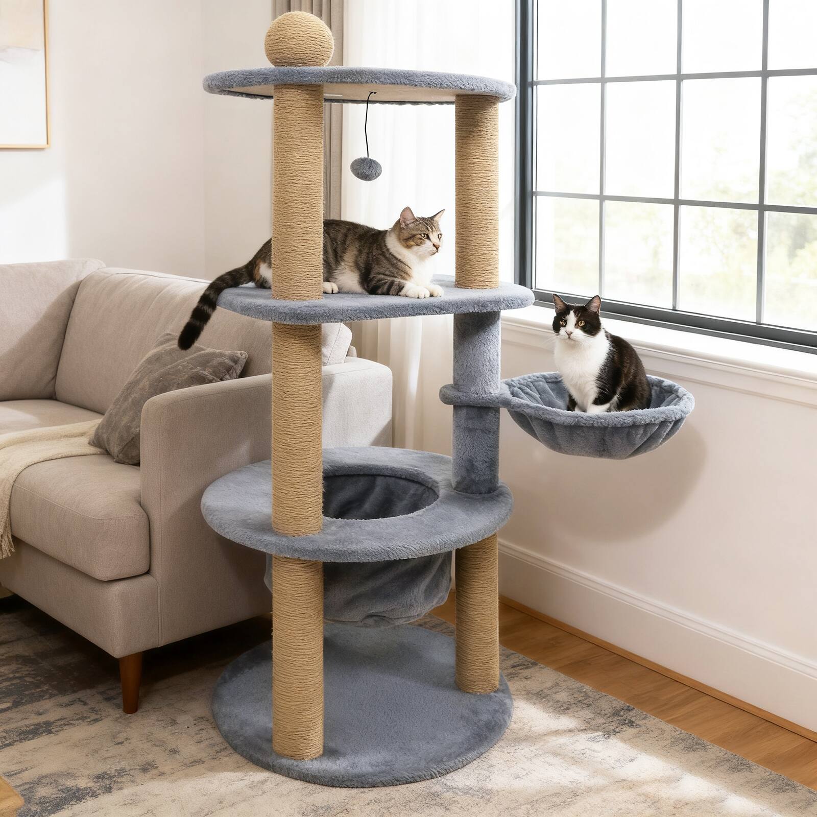 Alt View 1. Gymax - Gymax 48'' Tall Cat Towel w/Cat Nest Scratching Posts Ball Top Perch Hanging Ball.