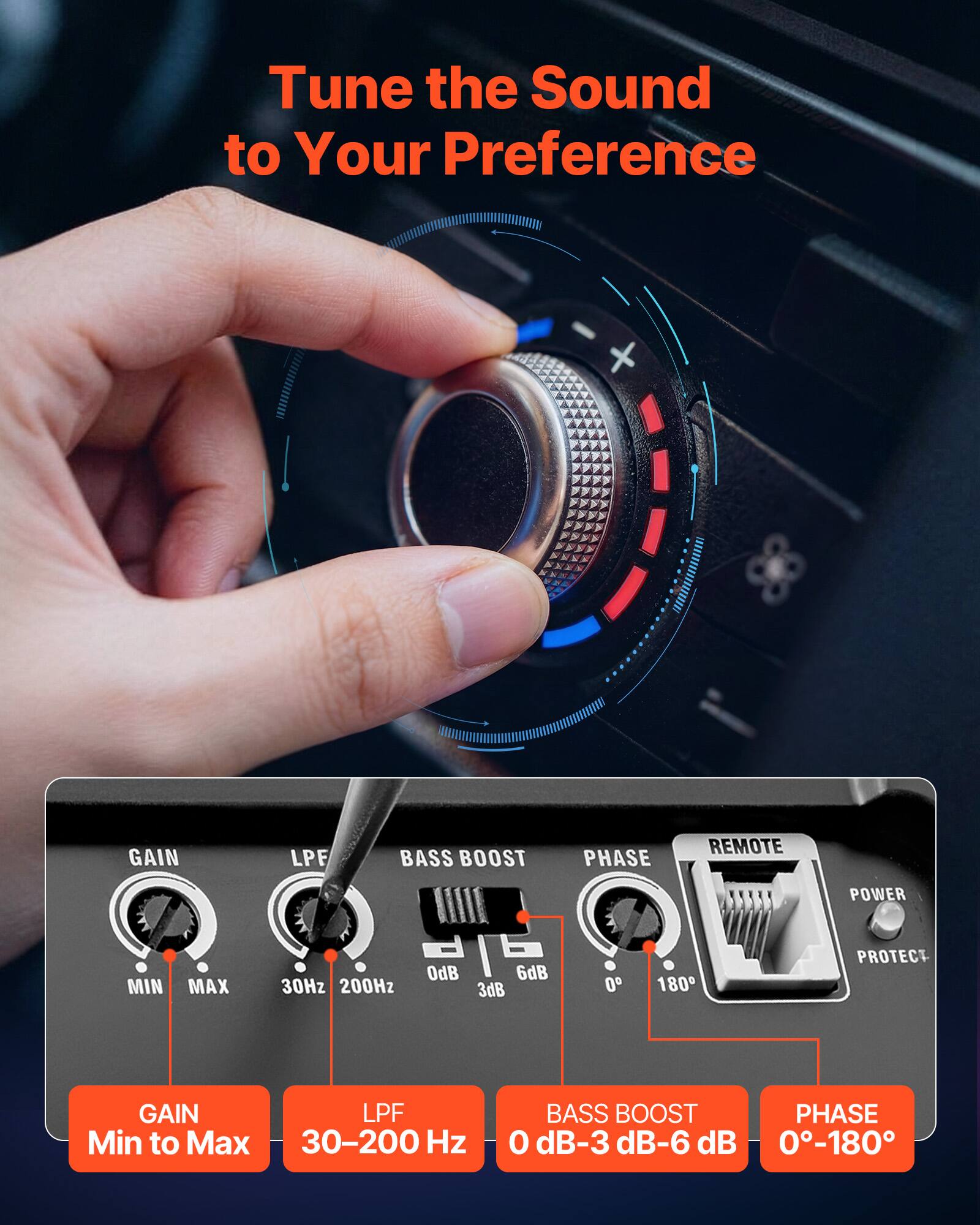 Tune the Sound to Your Preference

GAIN
LPF
BASS BOOST
PHASE
REMOTE
POWER
MIN
MAX
30Hz 200Hz
0dB 6dB 3dB
0
180
PROTECT

GAIN LPF Min to Max 30-200 Hz
BASS BOOST PHASE 0 dB-3 dB-6 dB 0-180