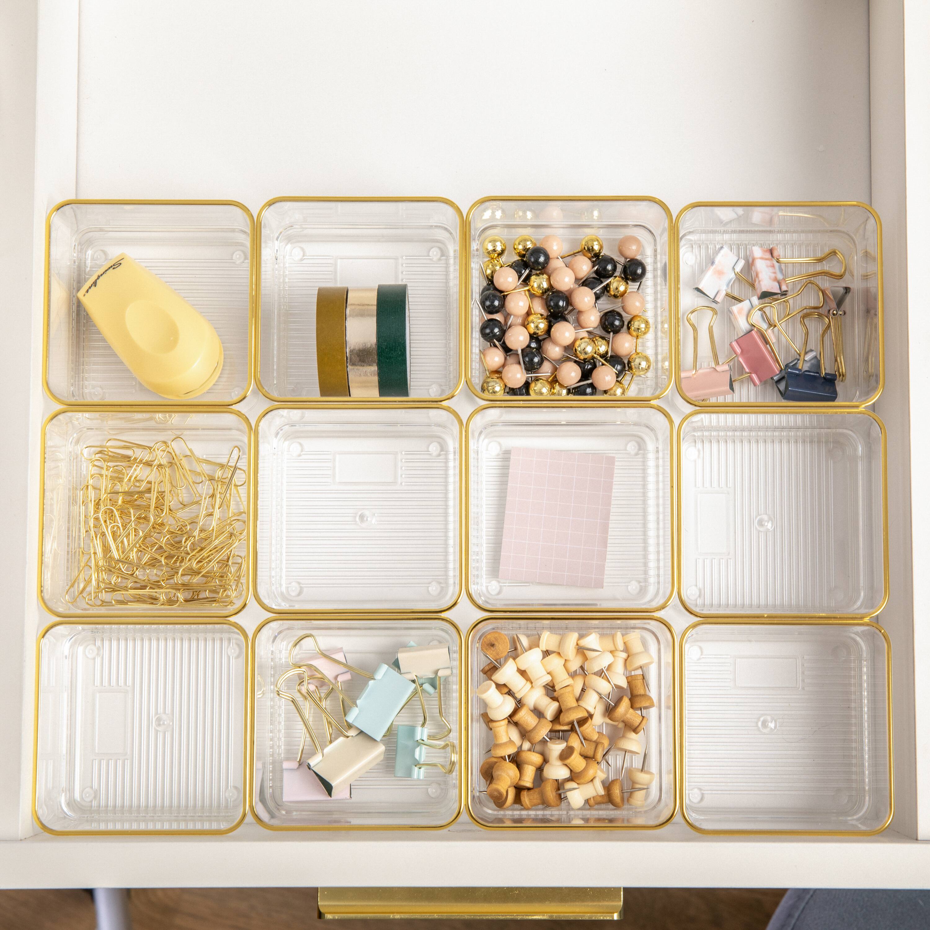 Alt View 13. Martha Stewart - Kerry Set of 12 Plastic Stacking Desk Drawer Organizers with Gold Trim - 3 x 3 - Clear/Gold Trim.