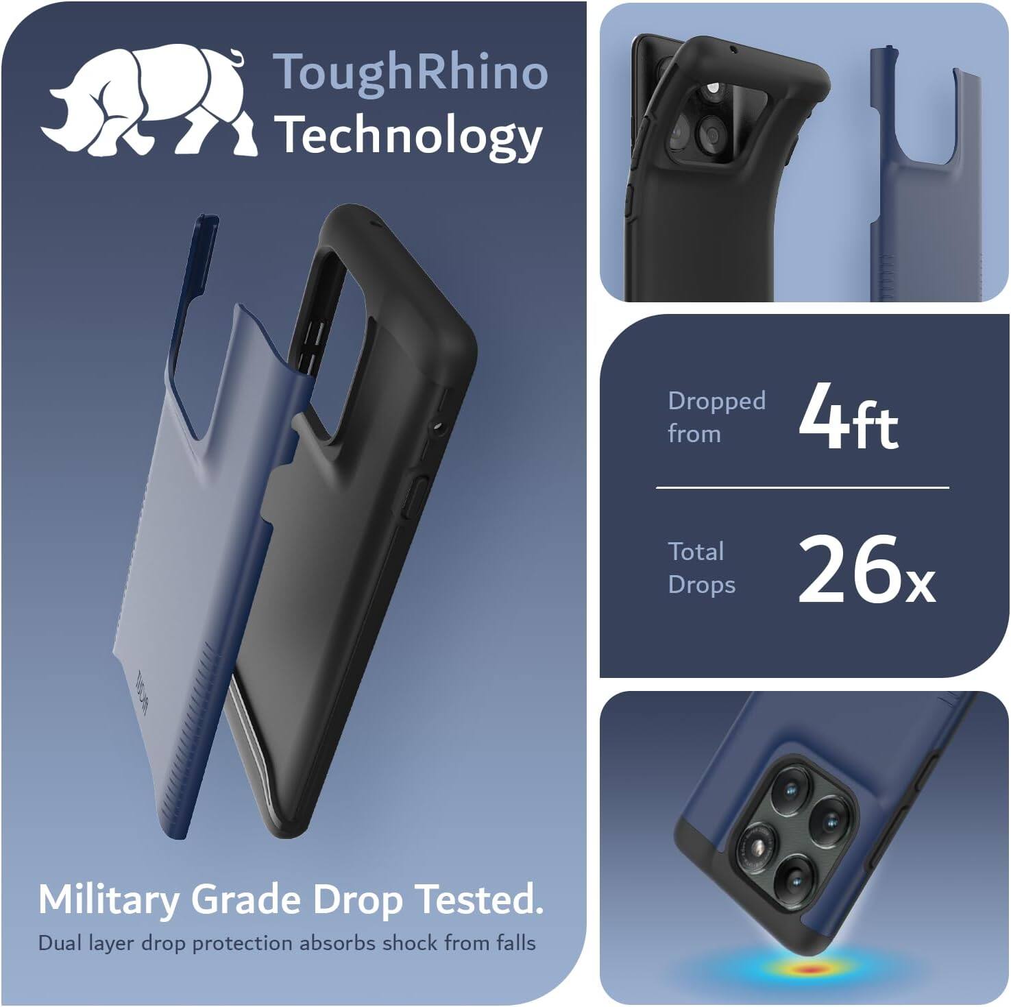 ToughRhino Technology

Dropped from 4ft  
Total Drops 26x

Military Grade Drop Tested.  
Dual layer drop protection absorbs shock from falls