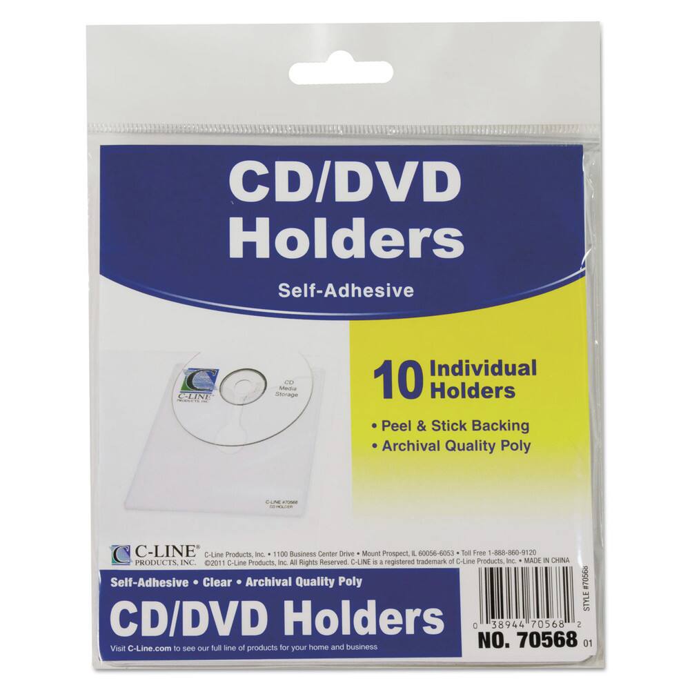 CD/DVD Holders  
Self-Adhesive  

10 Individual Holders  
- Peel & Stick Backing  
- Archival Quality Poly  

C-LINE  
C-Line Products, Inc.  
100 Business Center Drive  
Mount Prospect, IL 60056-6053  
Toll Free 1-888-560-9120  

Self-Adhesive • Clear • Archival Quality Poly  

CD/DVD Holders  

NO. 70568  

Visit C-Line.com to see our full line of products for your home and business  

C-LINE is a registered trademark of C-Line Products, Inc.  
MADE IN CHINA  

STYLE #70568  
C-LINE #70568  
20 HOLDERS  

C-LINE PRODUCTS, INC.  
©2011 C-Line Products, Inc. All Rights Reserved