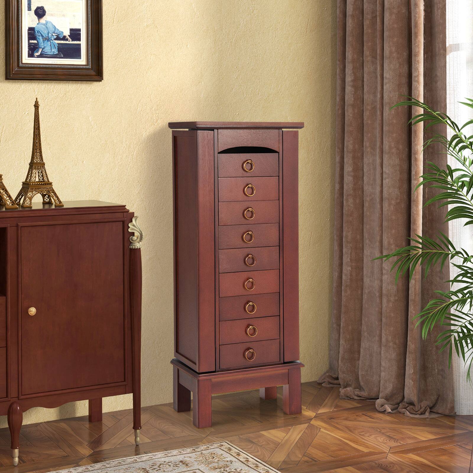 Left. Costway - Wood Jewelry Cabinet Armoire Storage Box Chest Stand Organizer Indoor Bedroom - Brown.