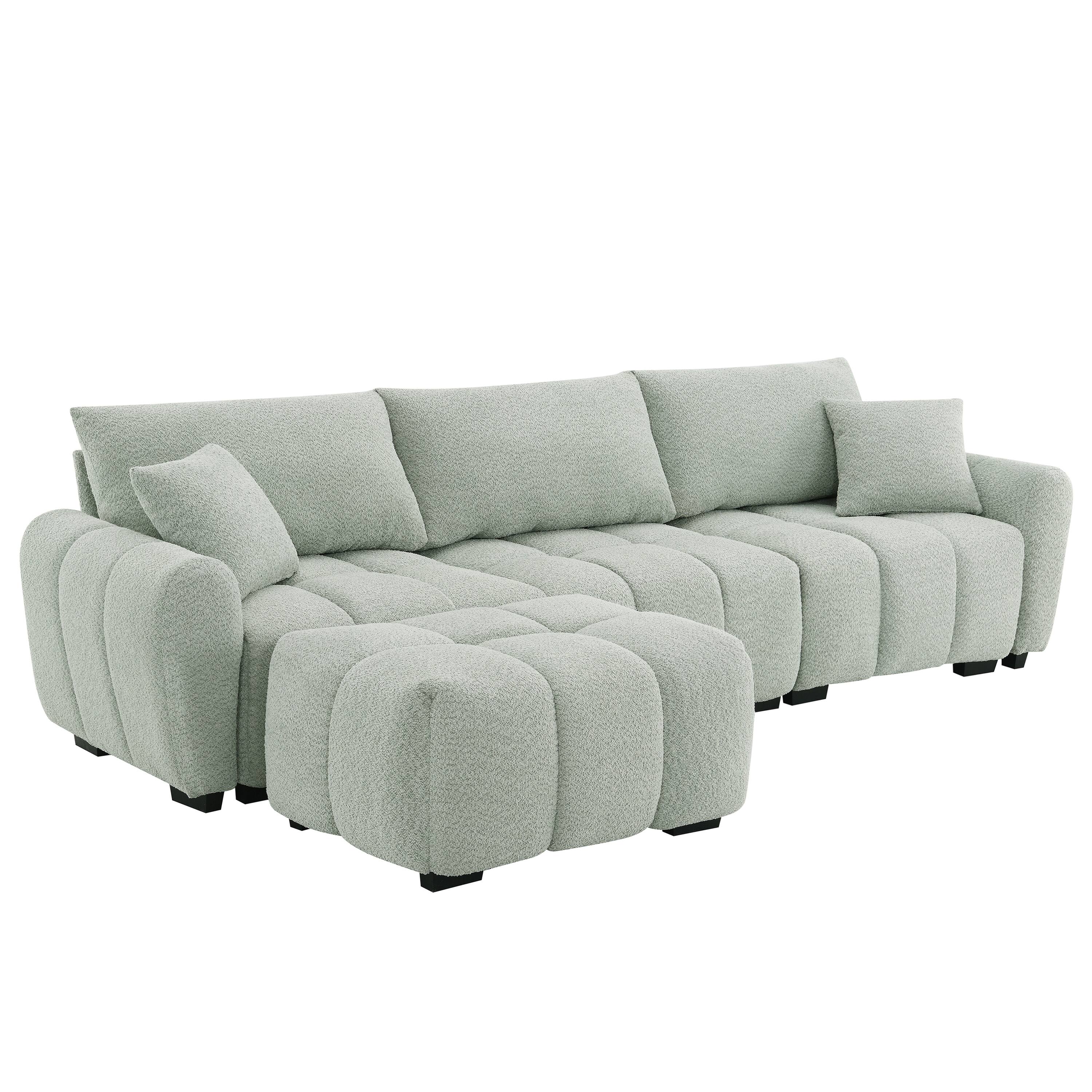 Left. Whisen - 110" Modular Sectional Sofa, L Shape Boucle Couch with Movable Ottoman for Living Room - Light Green.