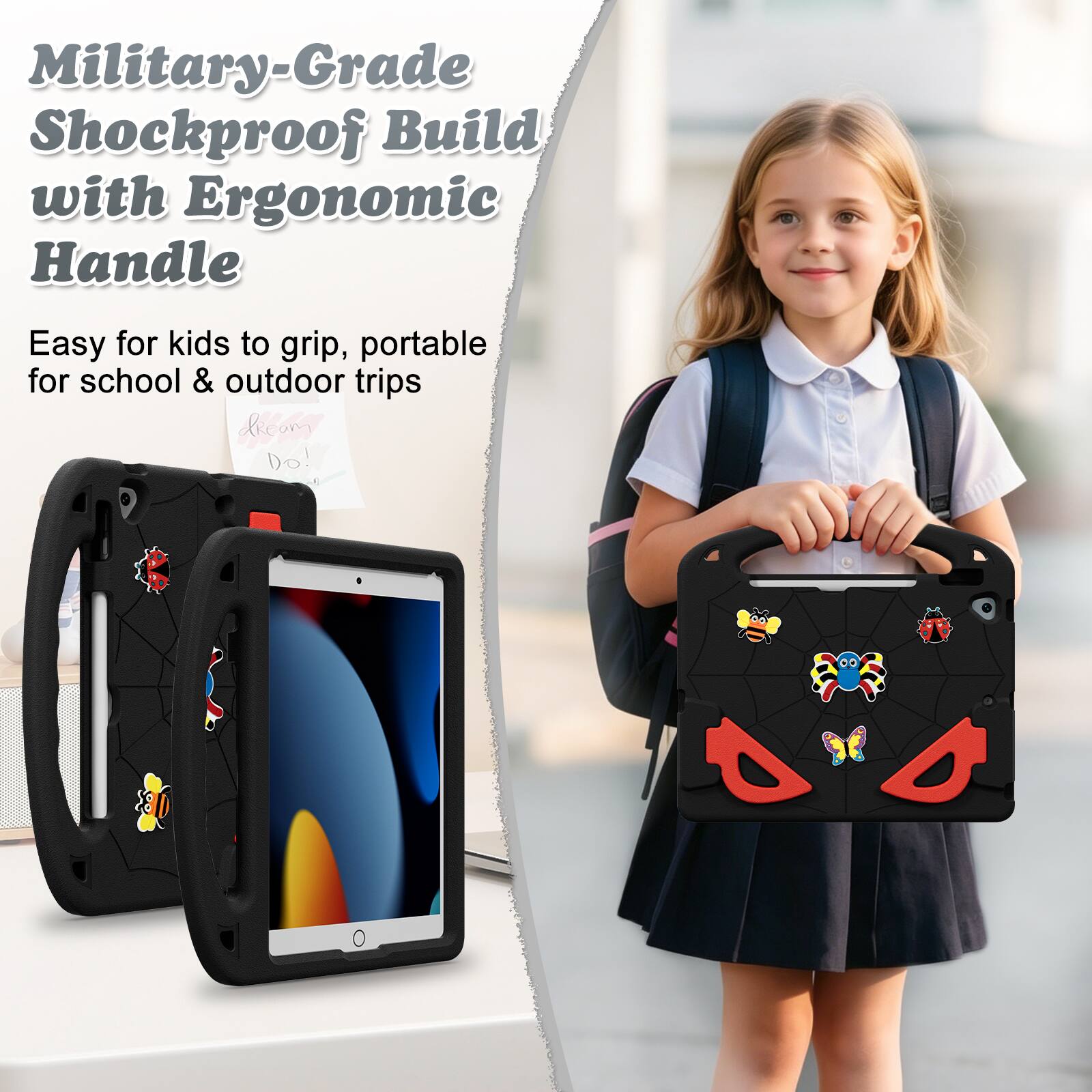 Military-Grade Shockproof Build with Ergonomic Handle  
Easy for kids to grip, portable for school & outdoor trips