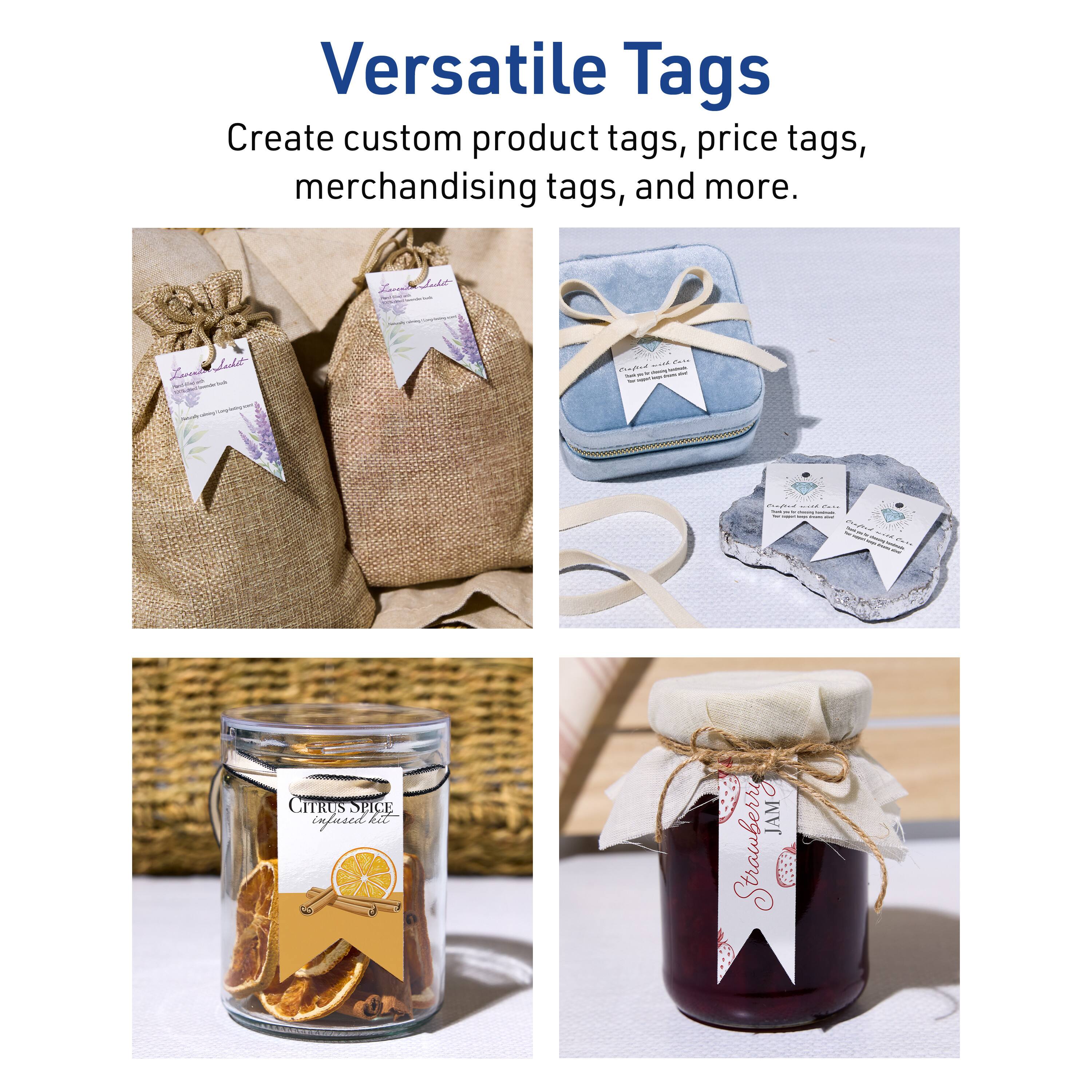 Versatile Tags

Create custom product tags, price tags, merchandising tags, and more.

- Citrus Spice infused tea
- Strawberry Jam