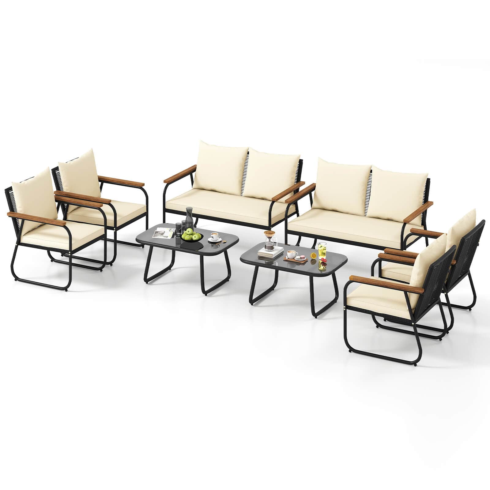 Gymax - Set Of 8 Patio Furniture Set w/Tempered Glass Coffee Table PE Wicker Rattan Chairs - White