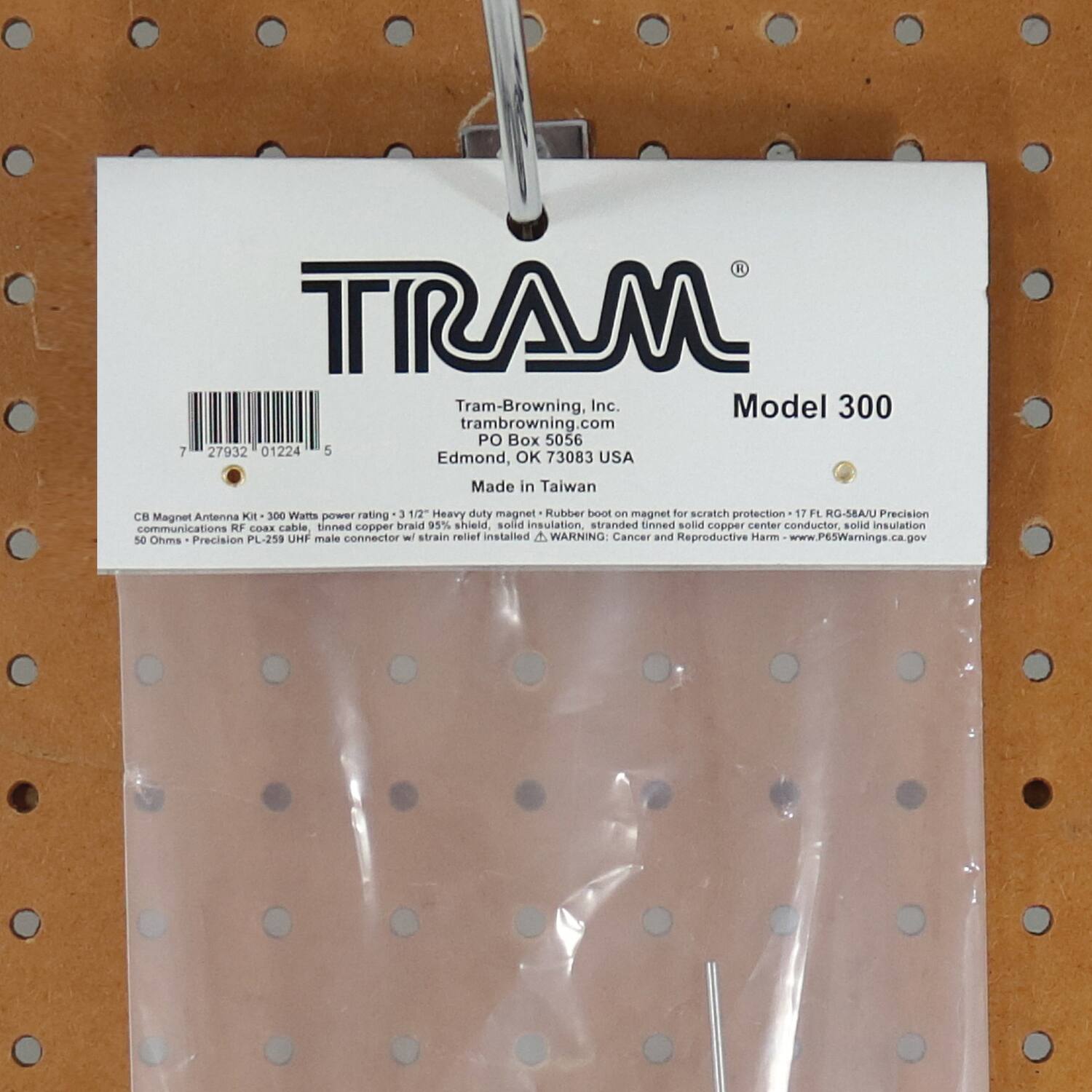 TRAM  
Tram-Browning, Inc.  
Model 300  
tram-browning.com  
PO Box 5056  
Edmond, OK 73083 USA  
Made in Taiwan  

CB Magnet Antenna Kit  
300 Watts power rating  
3 1/2 Heavy duty magnet  
Rubber R on magnet for scratch protection  
17FL RG-58A/U Precision communications RF CORE cable  
tinned copper braid 95% shield solid insulation, stranded tinned solid copper center conductor, solid insulation  
50 Ohms - Precision PL-259 UHF male connector w/ strain relief installed  

WARNING: Cancer and Reproductive Harm  
www.P65Warnings.ca.gov  

Tram-Browning, Inc.  
tram-browning.com  
PO Box 5056  
Edmond, OK 73083 USA  
Made in Taiwan  

CB Magnet Antenna Kit - 300 Watts power rating - 3 1/2 Heavy duty magnet - Rubber boot on magnet for scratch protection - 17FL RG-58A/U Precision communications RF CORE cable tinned copper braid 95% shield solid insulation, stranded tinned solid copper
