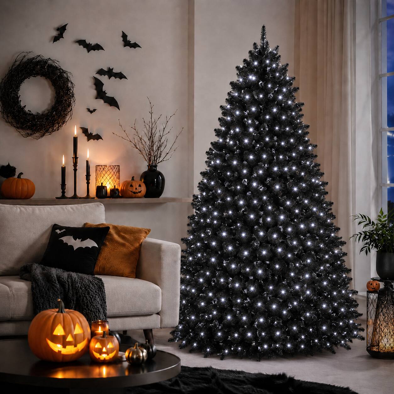 Angle. Anysun - 5ft Christmas Tree with 250 White LED Lights – 1076 Tips PE+PVC Artificial Tree, Hinged Structure & Stable Stand - Black.