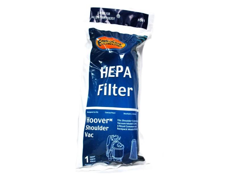 A MUST FOR ALLERGY SUFFERERS!!  
F601  

EcoCare TECHNOLOGIES  

HEPA Filter  

Designed to Fit:  
Hoover* Shoulder Vac  

Concise Pour:  
Diseño Hoover*  

Vacuum Fits:  
Shoulder Commercial Vacuum Model Q & Royal Commercial Shoulder Backpack Model m4  

1 Filter  

*Filter compatible with Hoover* models.